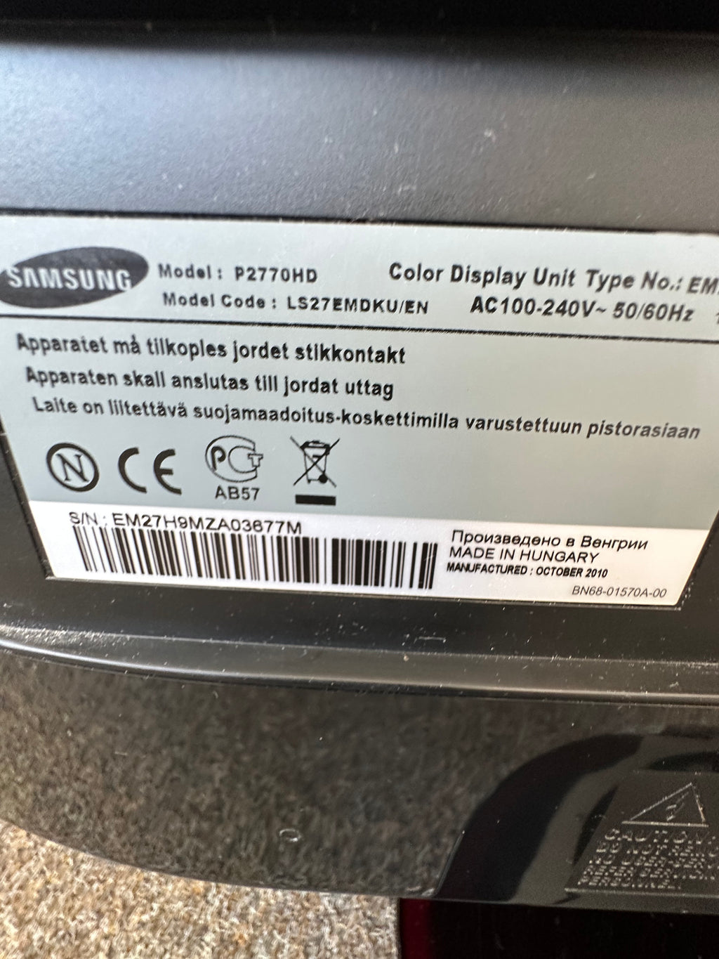 Samsung SyncMaster P2770HD 27 Monitor/HDTV, 1080p, Black, Remote, Very Good