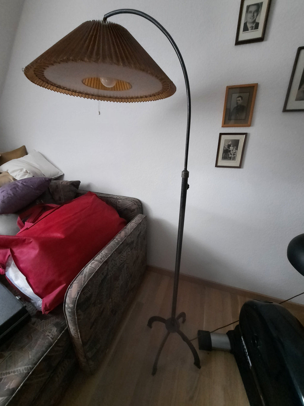 Vintage Brass Arc Floor Lamp, Plisé Shade, Large, Very Good Condition