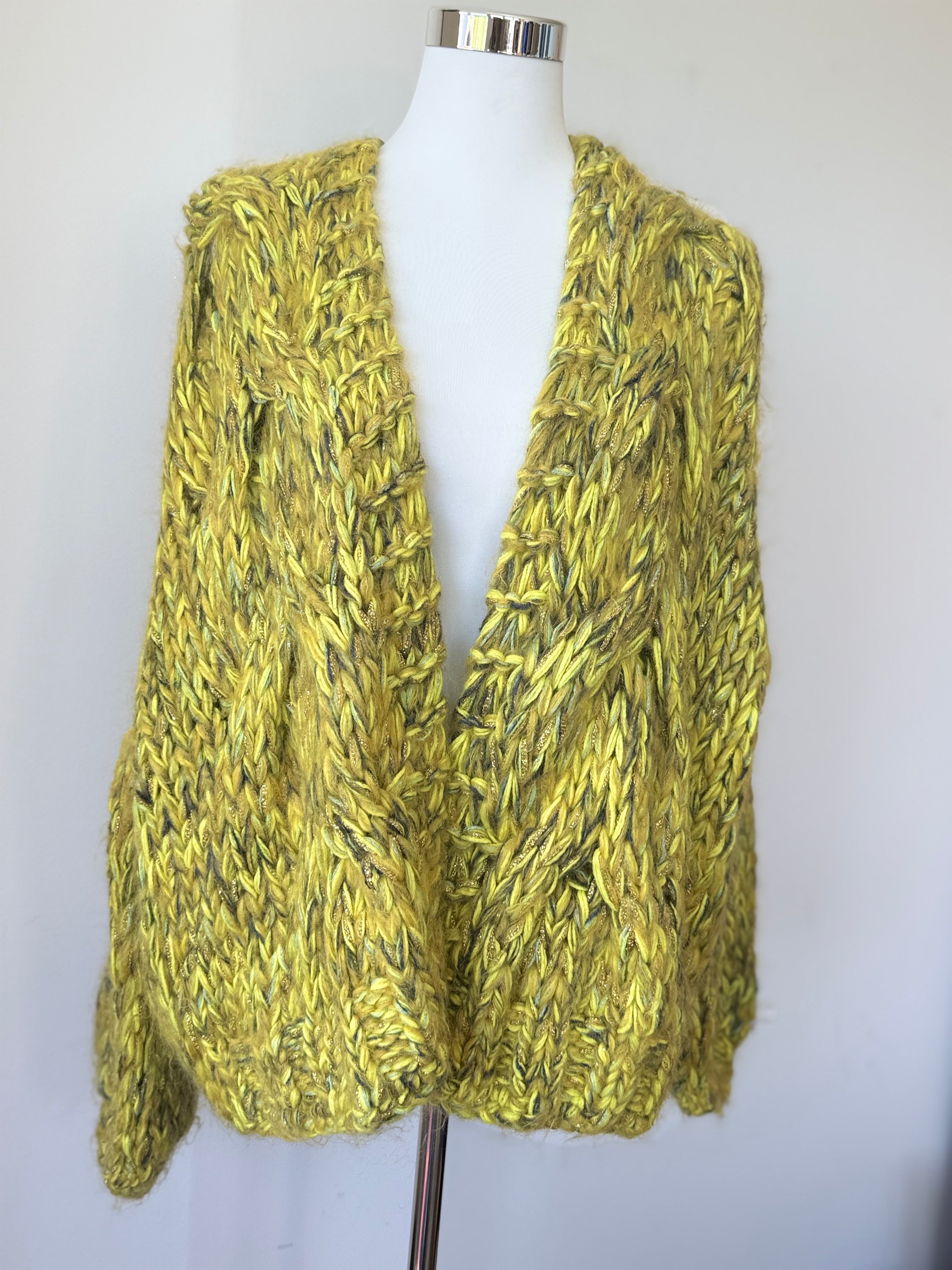 Kiro by Kim Hand-Knitted Cardigan, Mohair Blend, Chartreuse, L-XL, Very Good