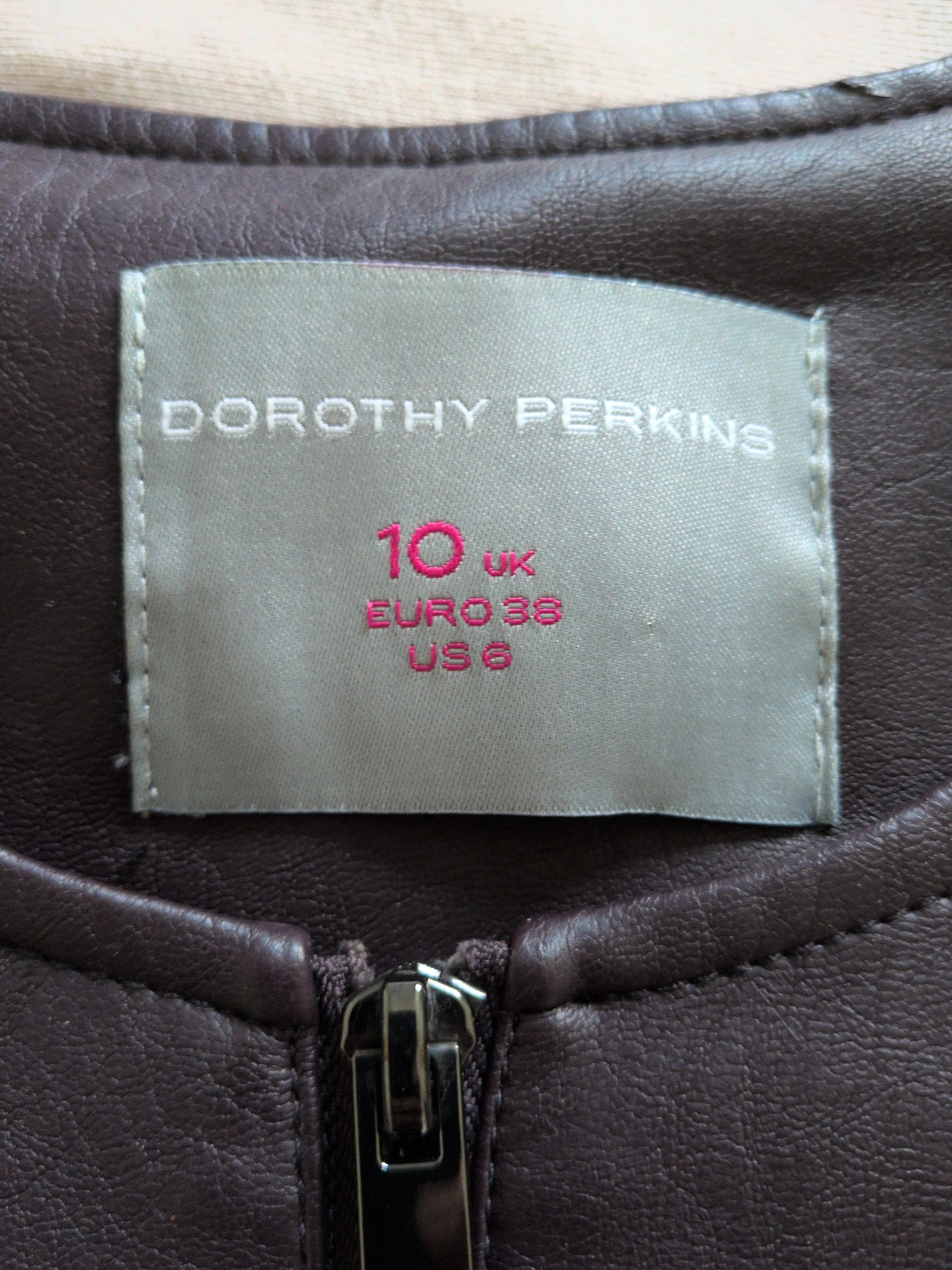 Dorothy Perkins Damen Bikerjacke Kunstleder Dunkelbraun Größe 38, Gebraucht