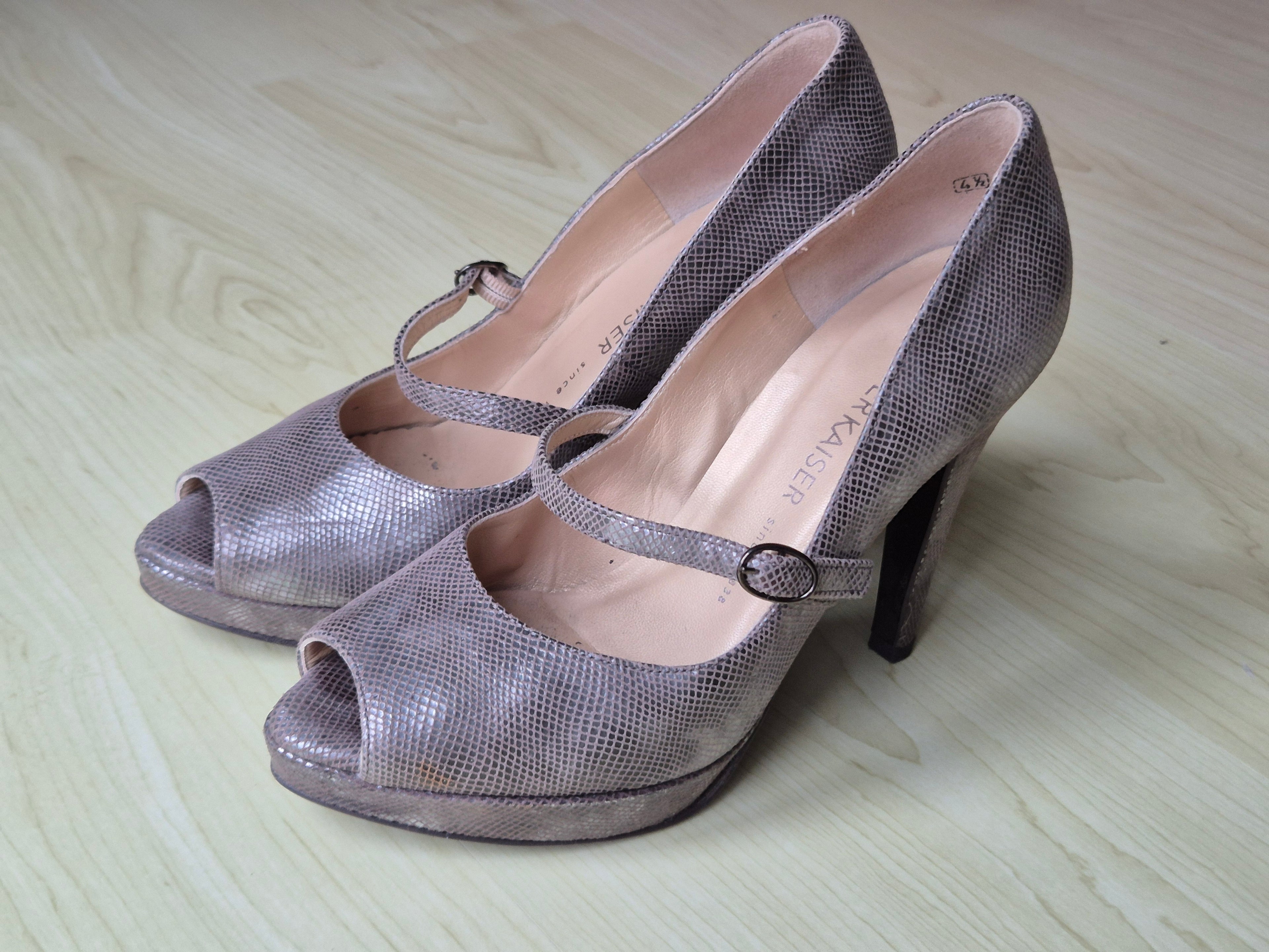 Peter Kaiser Peep-Toe High Heels, geprägtes Leder, Silber, UK 4.5, guter Zustand