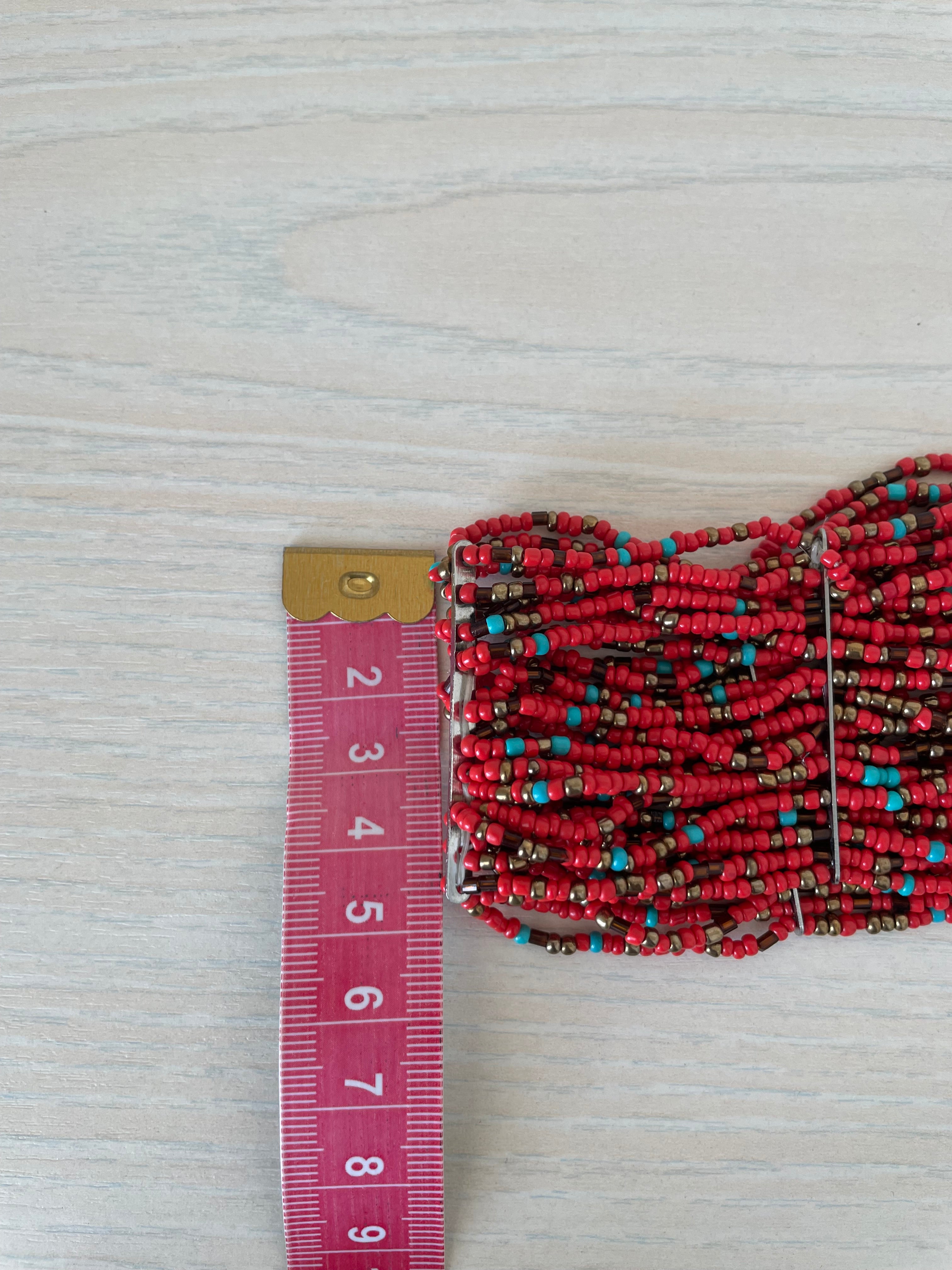 Handmade Otavalo Beaded Cuff Bracelet, Red Coral/Glass, Adjustable, Very Good
