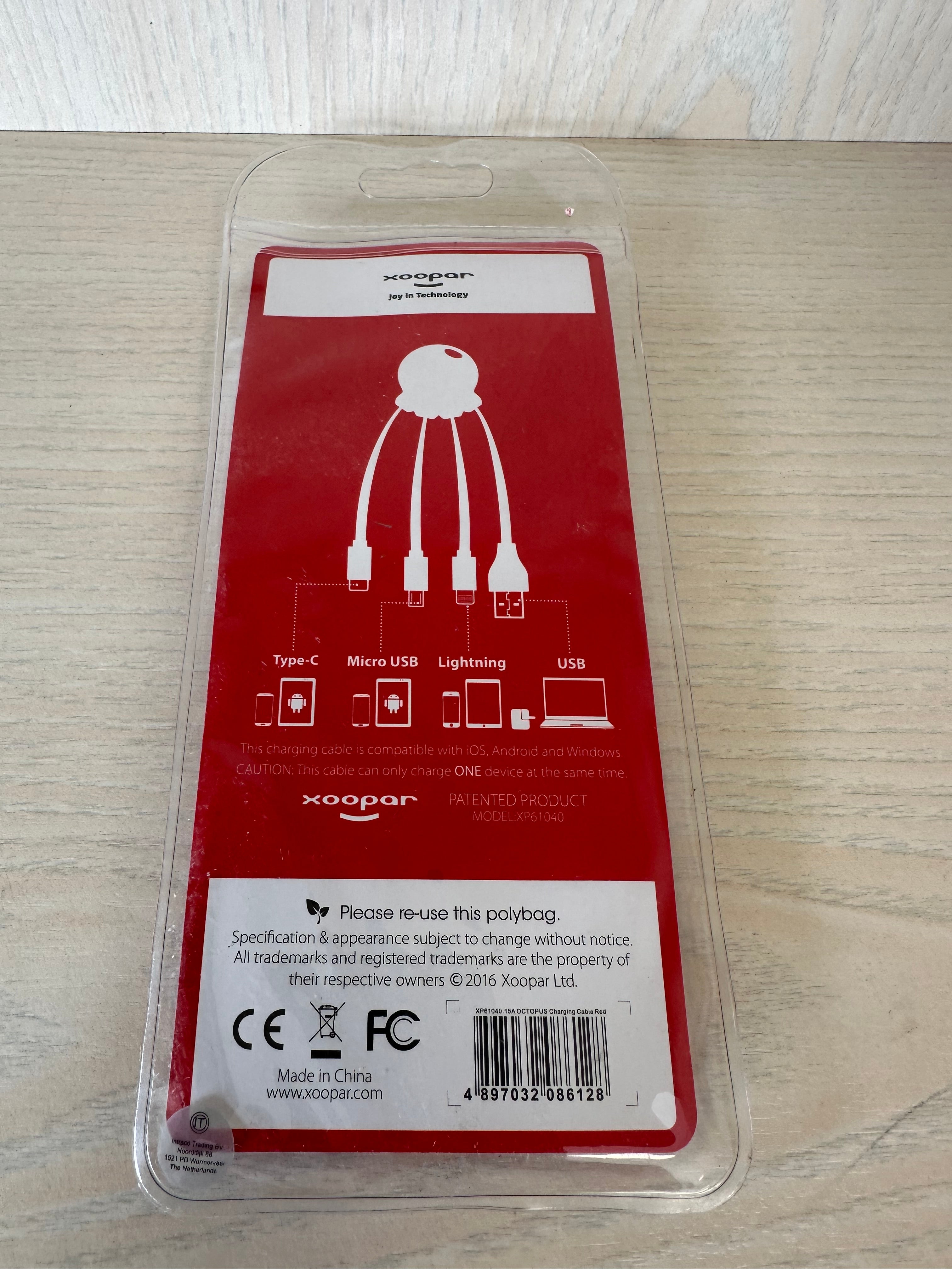 Xoopar Octopus 2 Multi-Charging Cable USB-C/Lightning/Micro-USB Red New Sealed