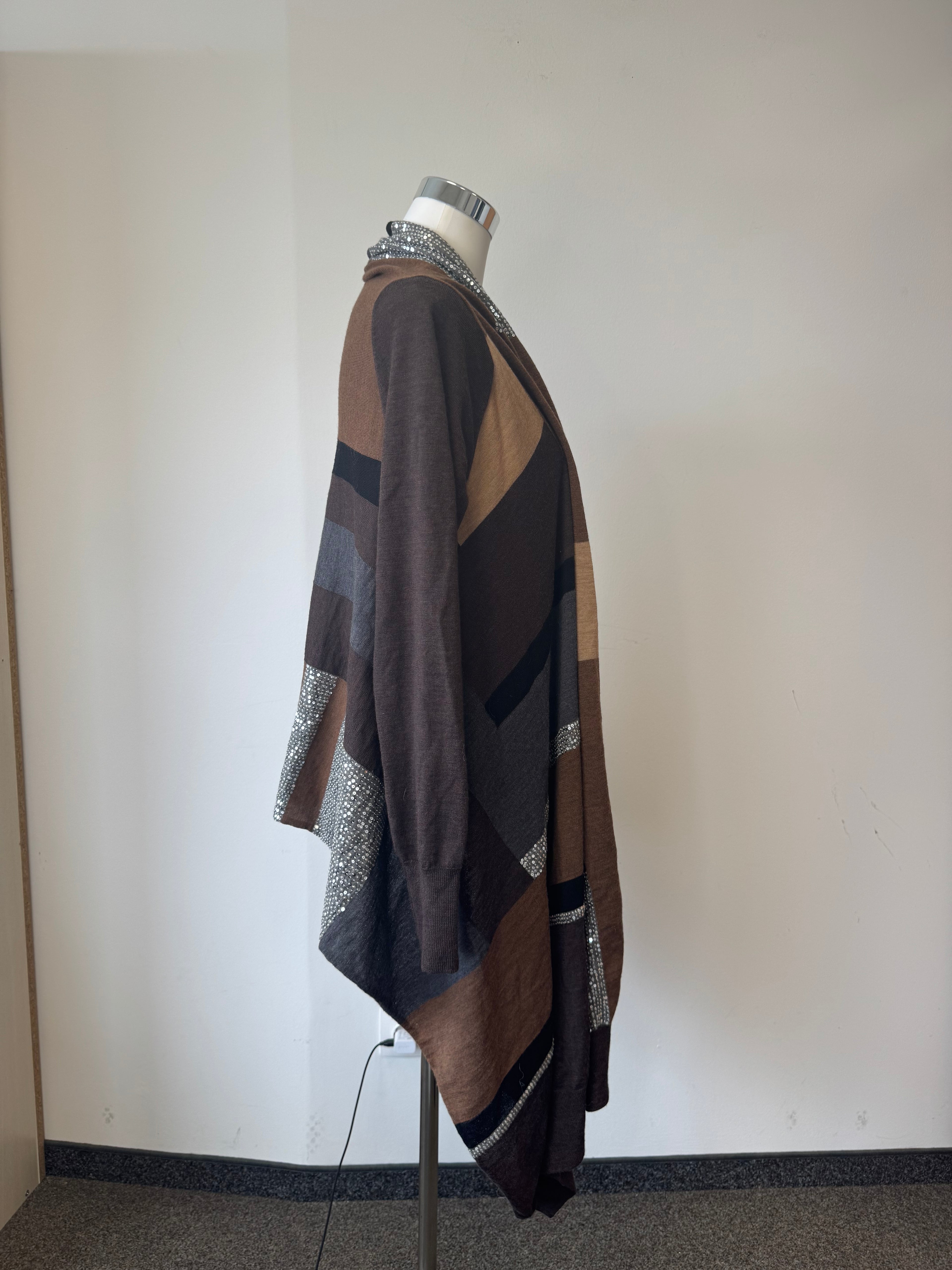 DKNY Color-Block Sequin Open-Front Cardigan Brown/Grey Size S Good Condition
