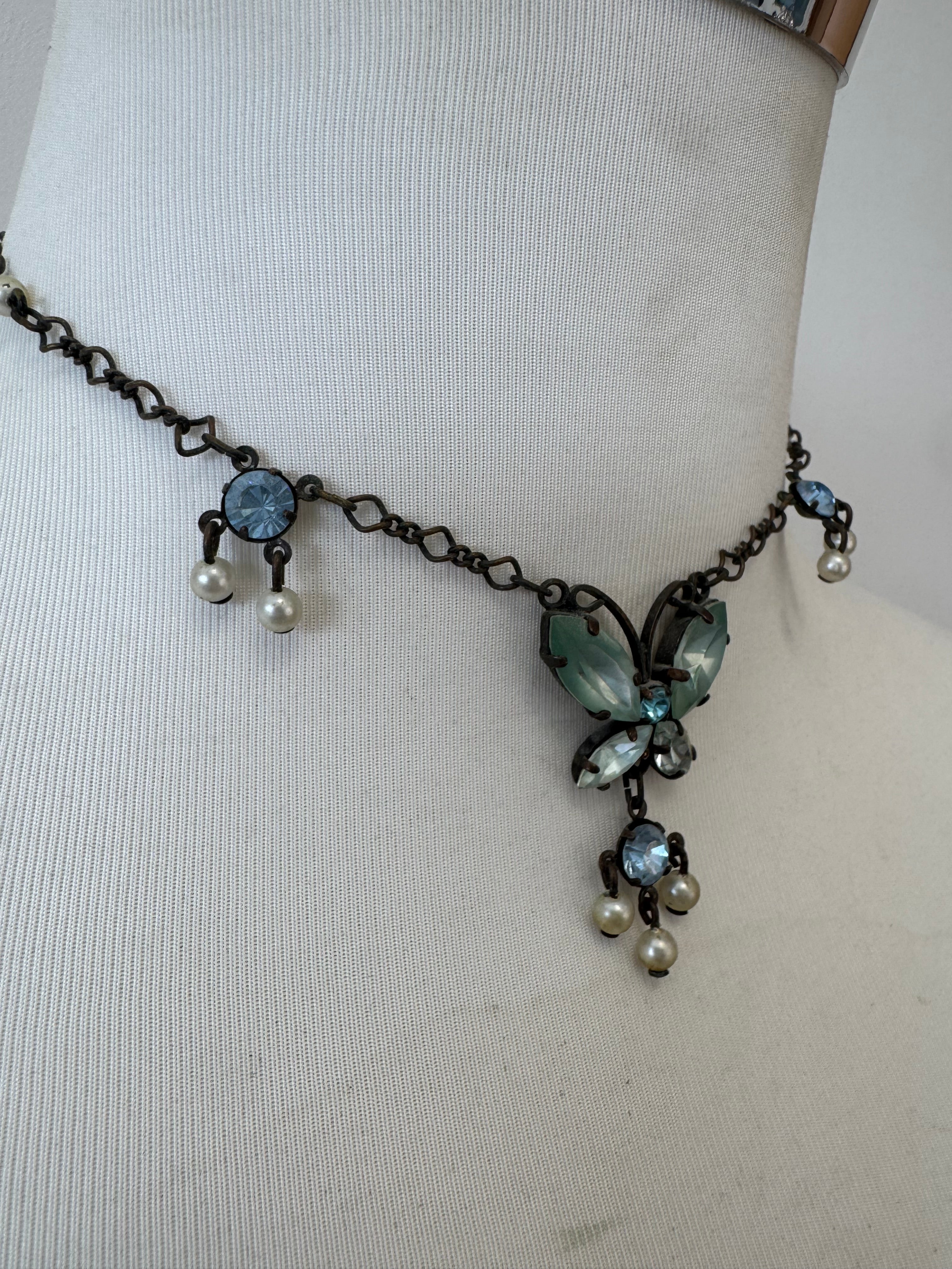 Mihaha Vintage Butterfly Halskette Silber Gold Ice Blue 45cm Gut