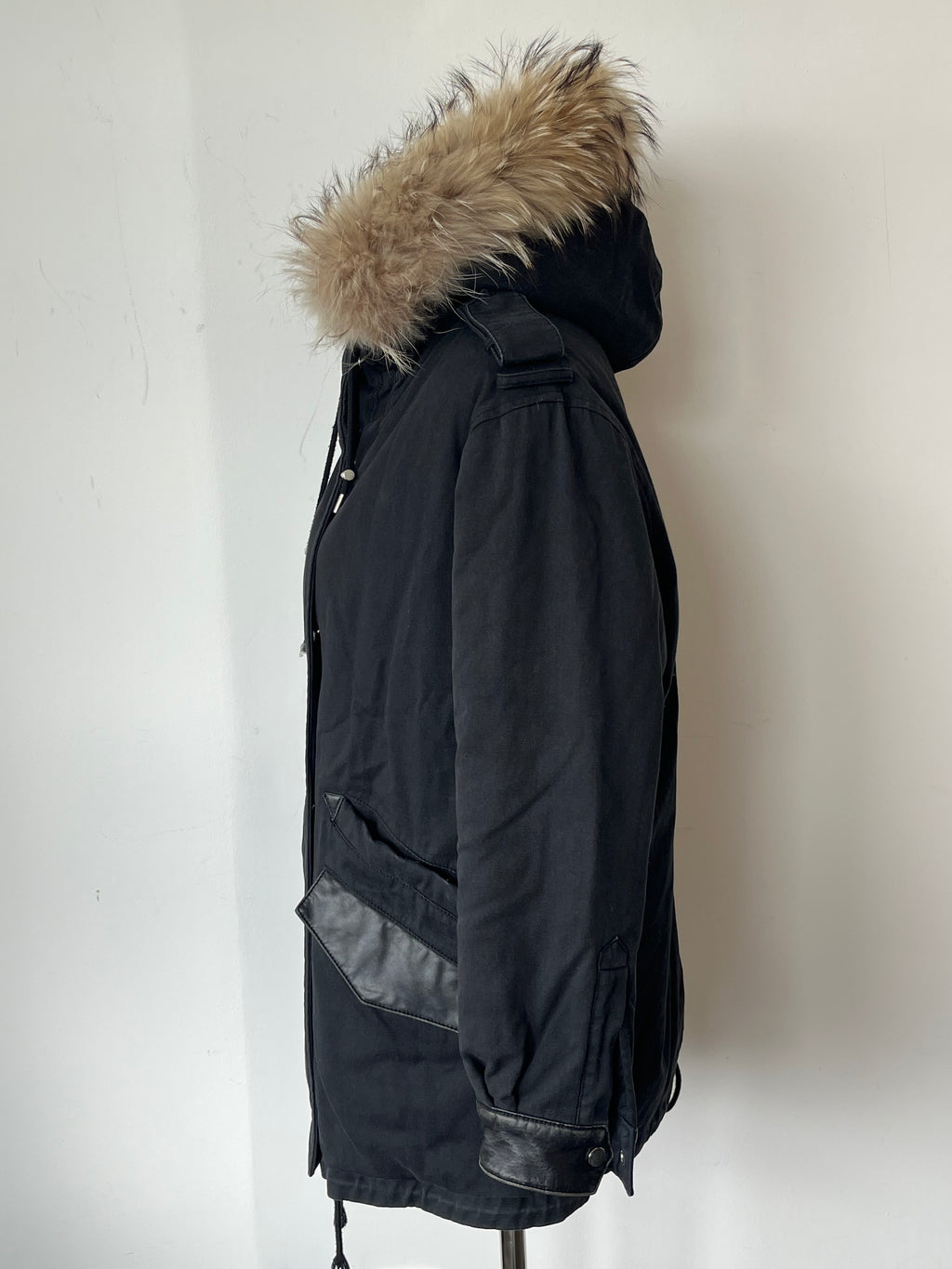 The Kooples Hooded Parka Black XS Cotton Blend Fur Trim Good Condition