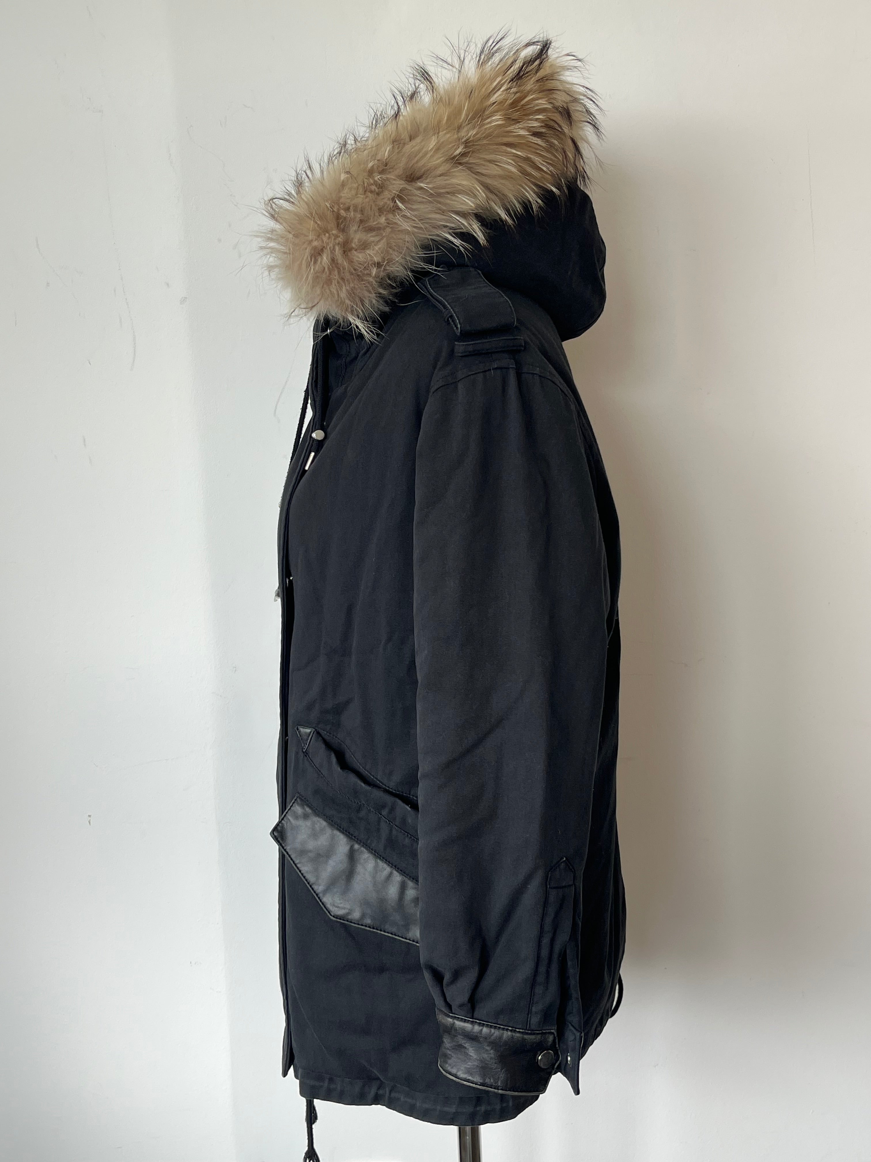 The Kooples Hooded Parka Black XS Cotton Blend Fur Trim Good Condition