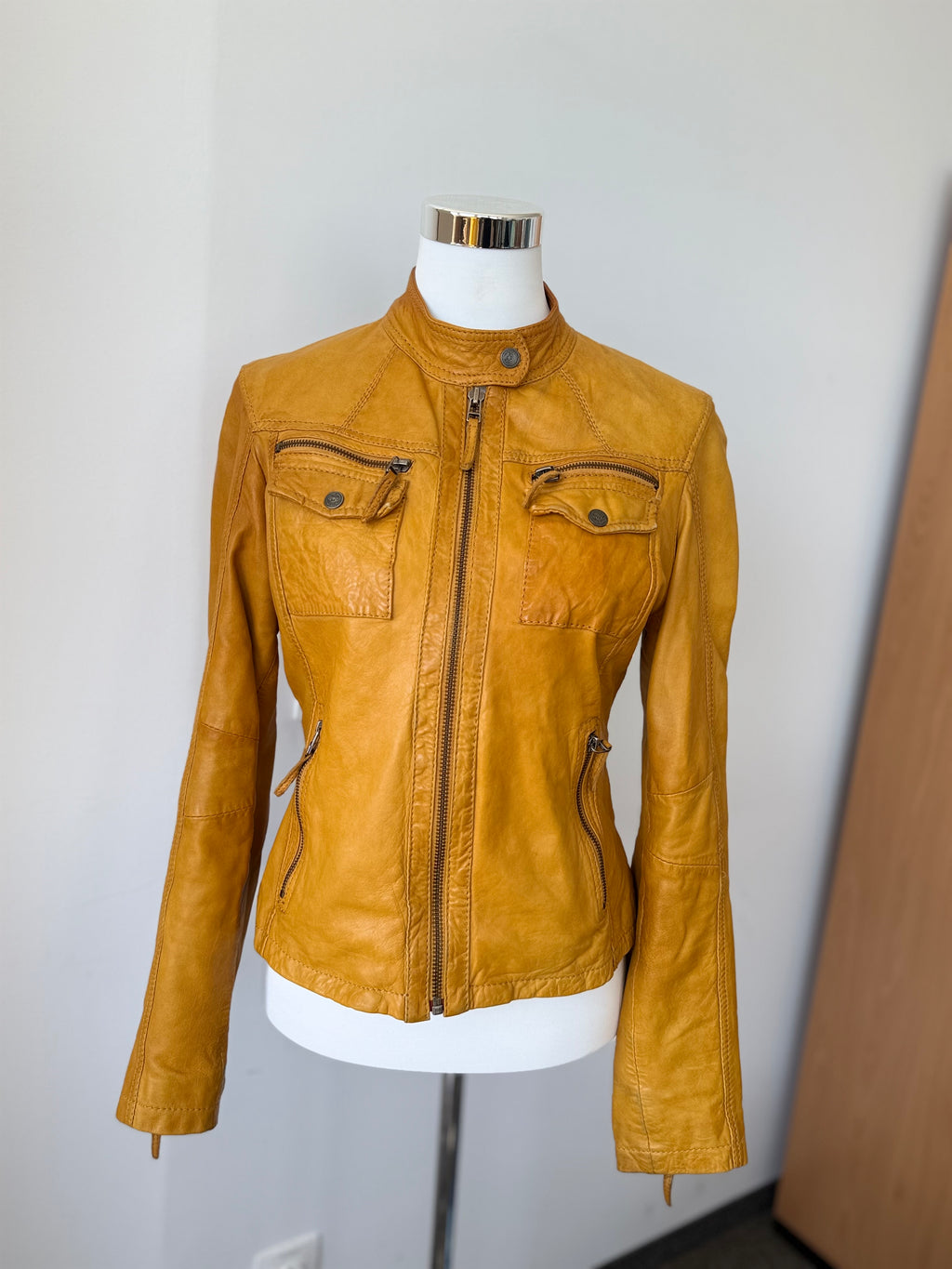 Chevirex Damen Bikerjacke – Echtleder, Gelb, Gr. 36, Guter Zustand