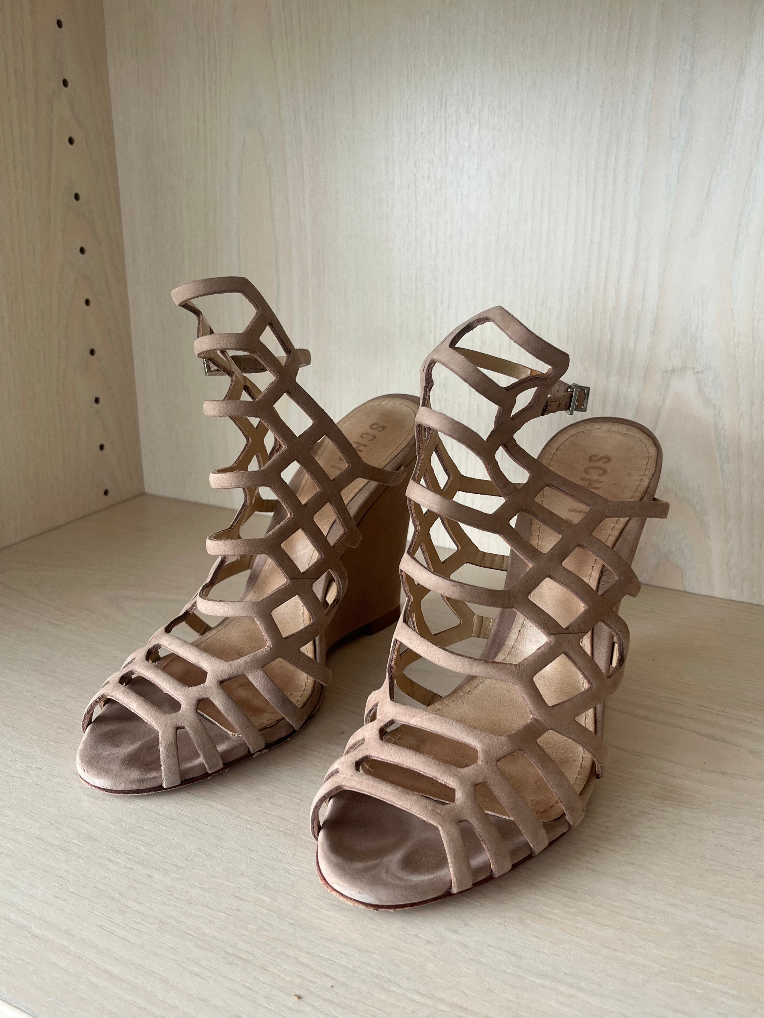 Schutz Caged Wedge Suede Sandals | Beige | EU 37 | Normal Use Condition