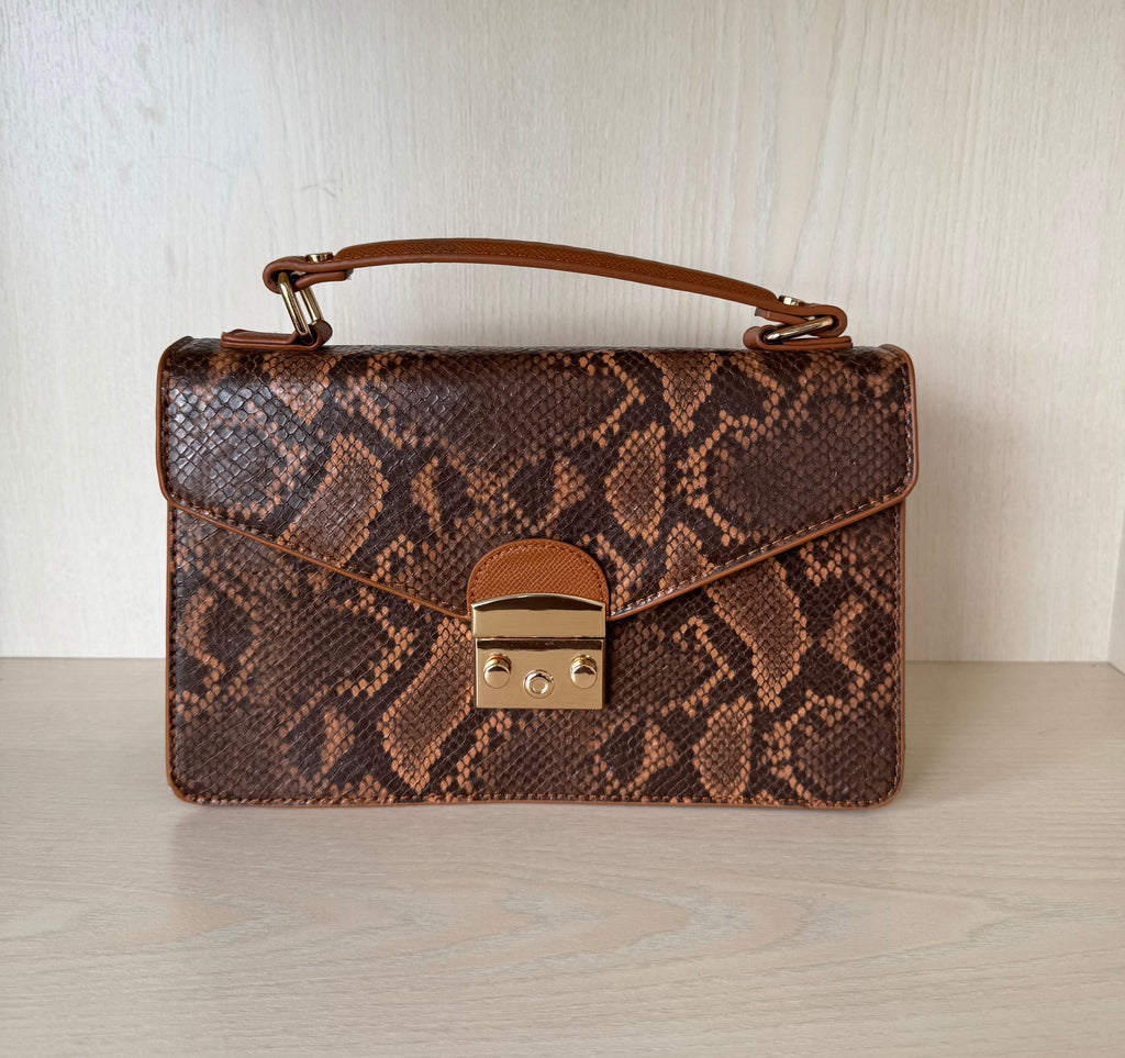 Hallhuber Medium Python Print Vegan Leather Satchel Brown Very Good Condition
