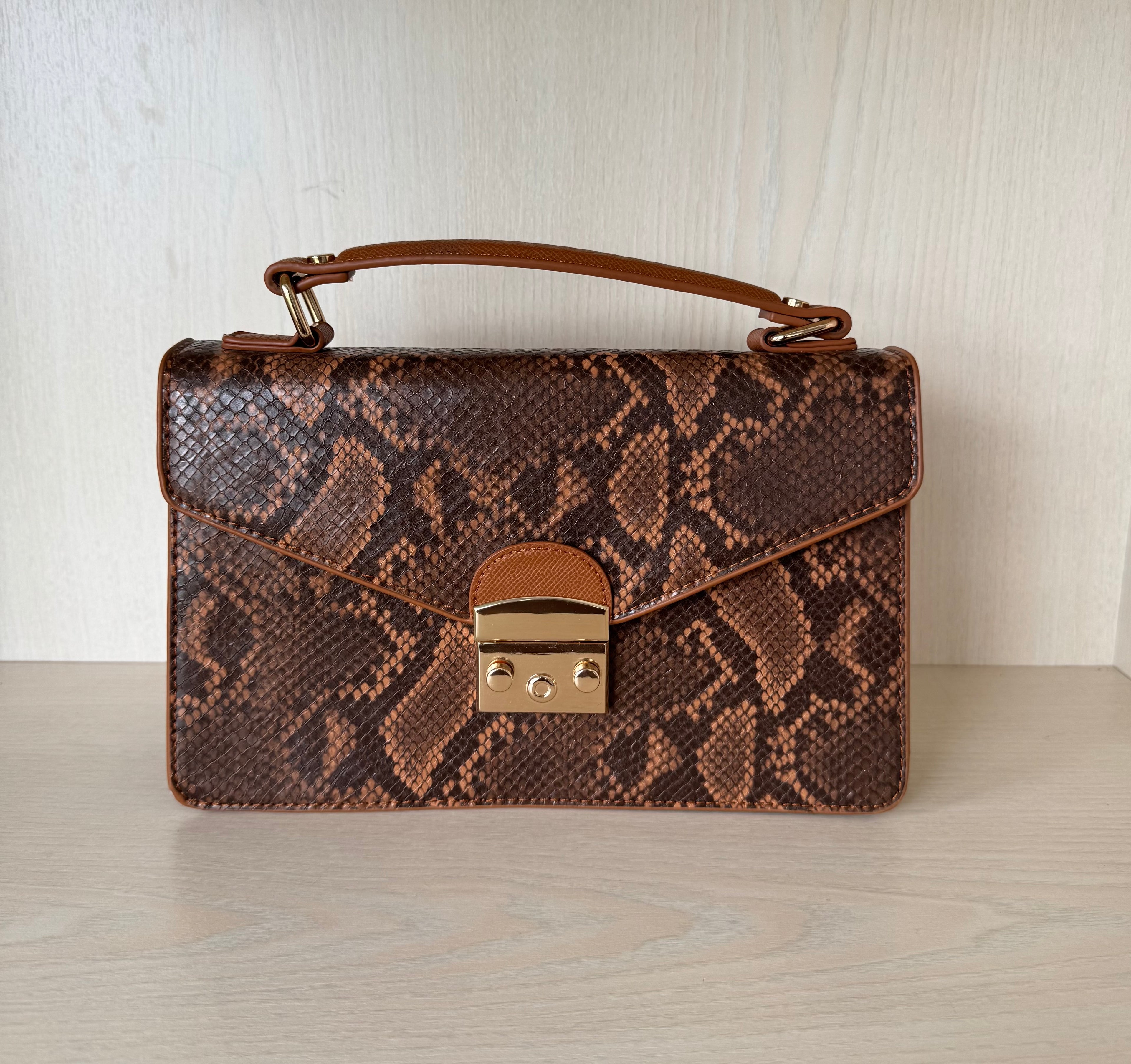 Hallhuber Medium Python Print Vegan Leather Satchel Brown Very Good Condition