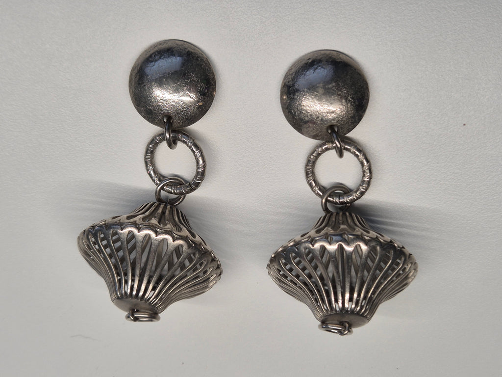 Vintage Clip-On Earrings – Silver Tone, Dome Dangle, 8cm, Very Good