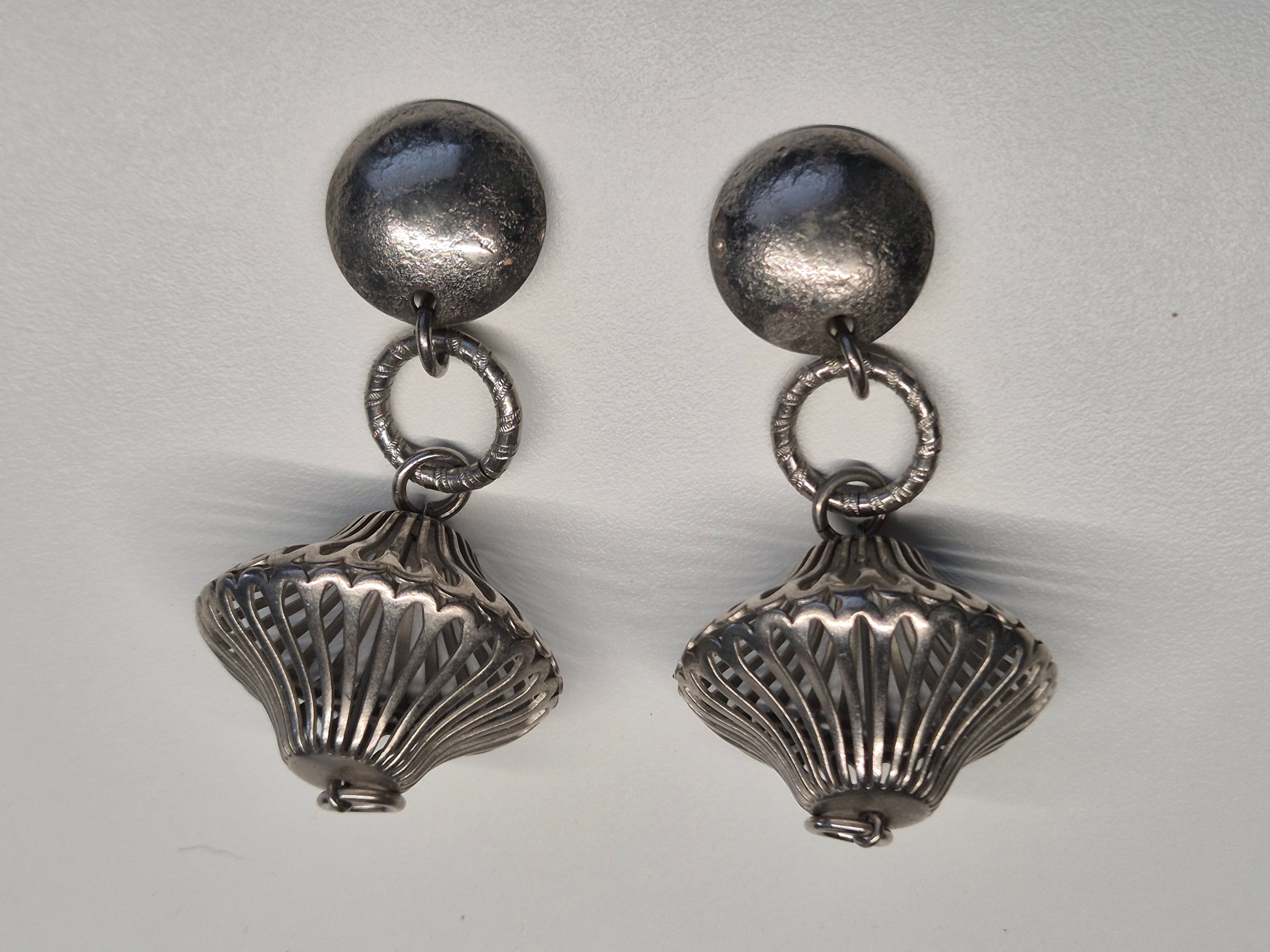 Vintage Clip-On Earrings – Silver Tone, Dome Dangle, 8cm, Very Good