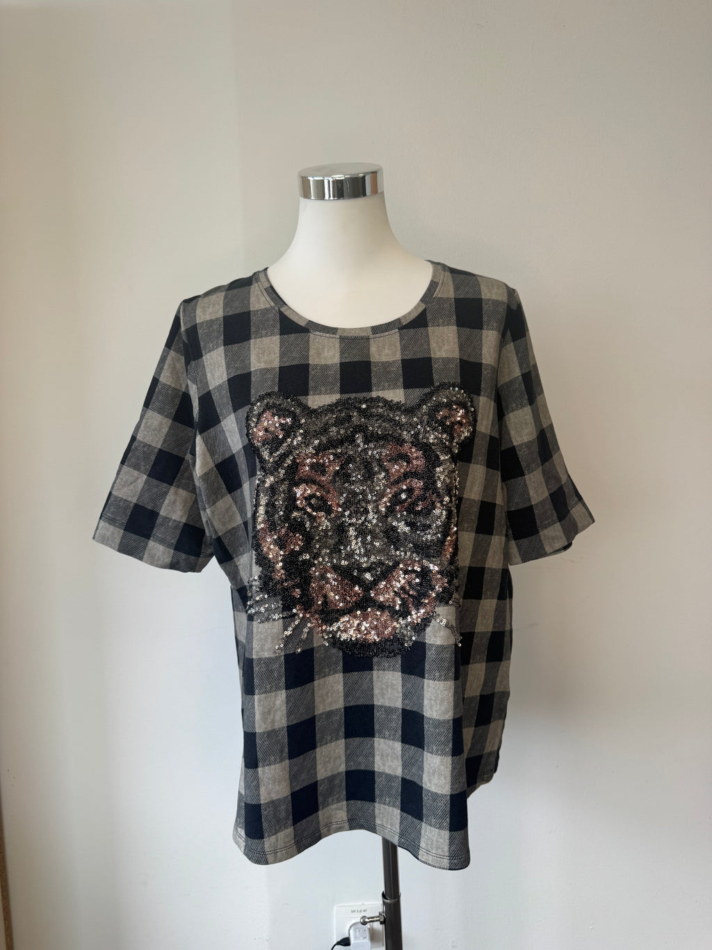 Margittes Plaid Pailletten Tiger Top, Gr. 44, Schwarz/Grau, Sehr gut