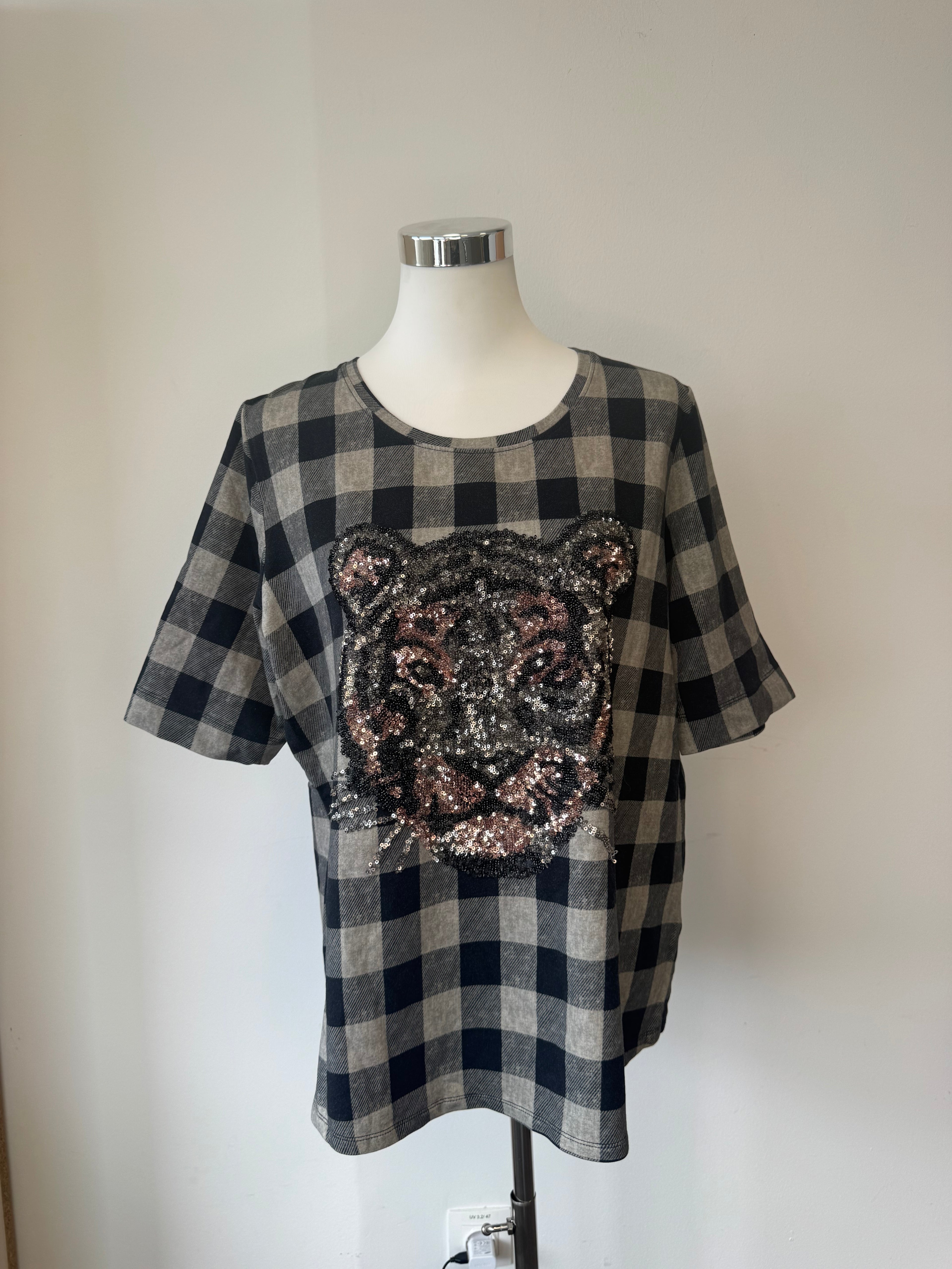 Margittes Plaid Pailletten Tiger Top, Gr. 44, Schwarz/Grau, Sehr gut