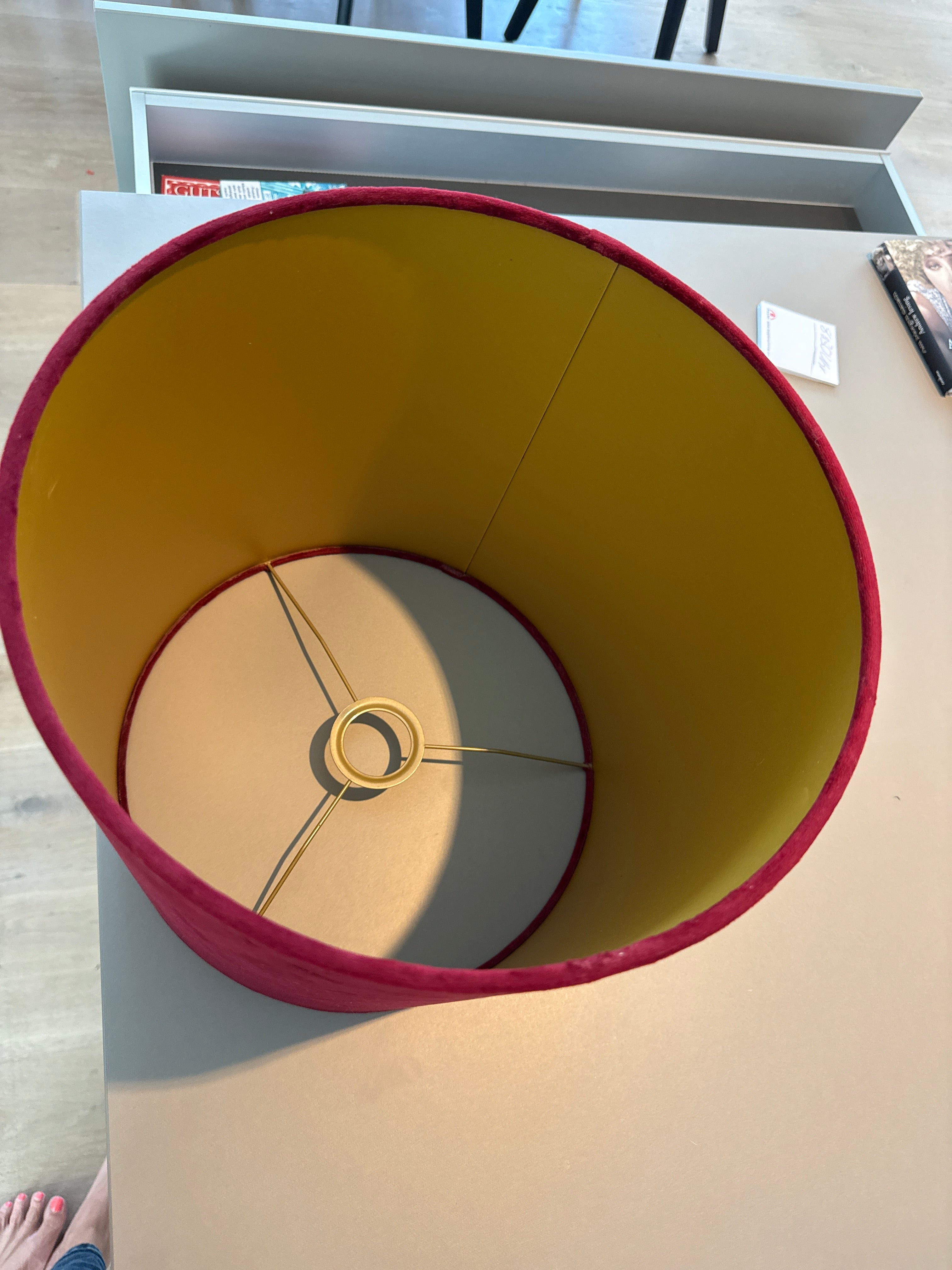 Hot Pink Velvet Drum Lampshade, Gold Interior, Ø35cm, Good Condition