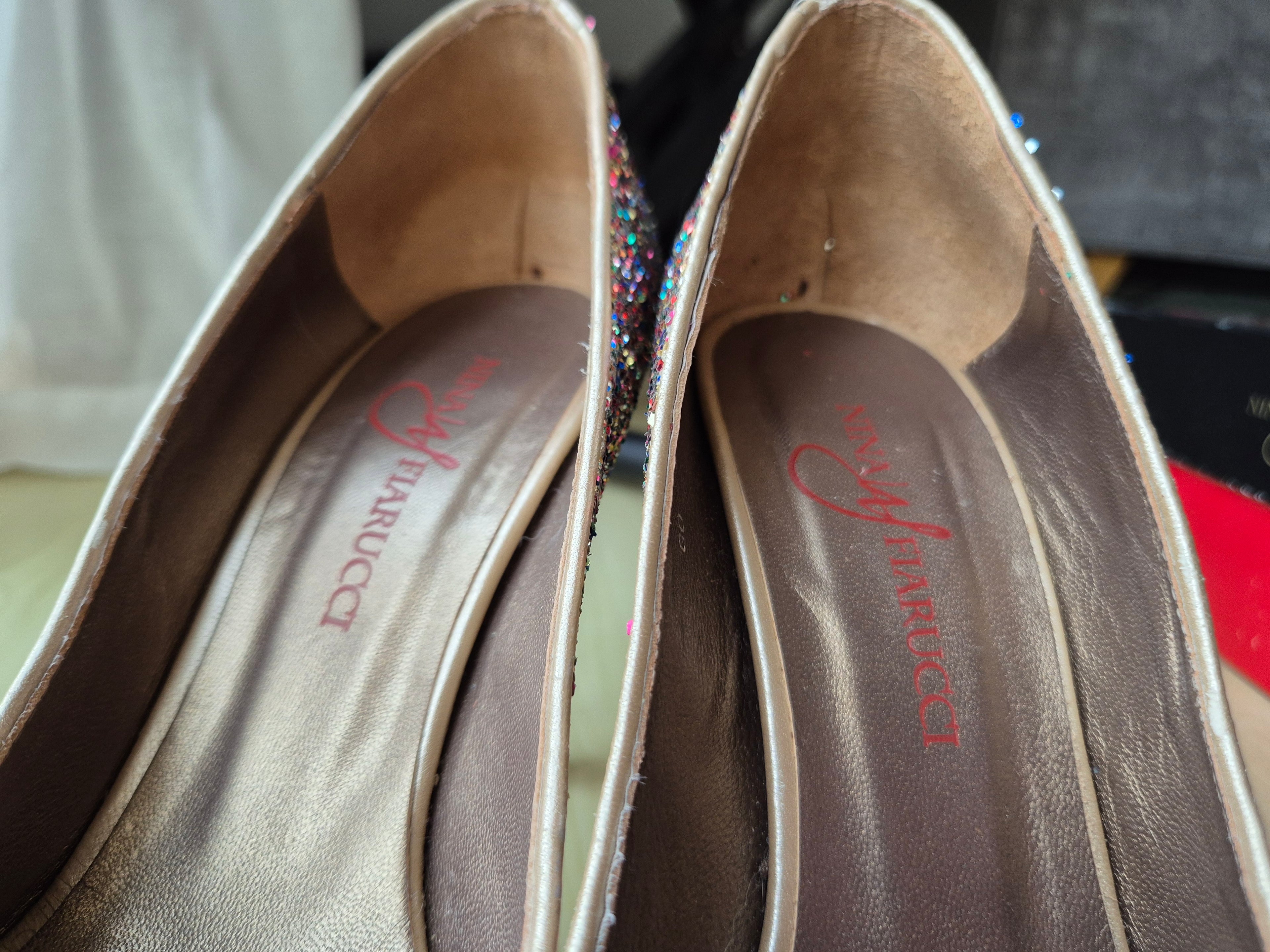 Nina Fiarucci Peep-Toe High Heels, Multicolor Glitter, Gr. 38, Sehr Gut