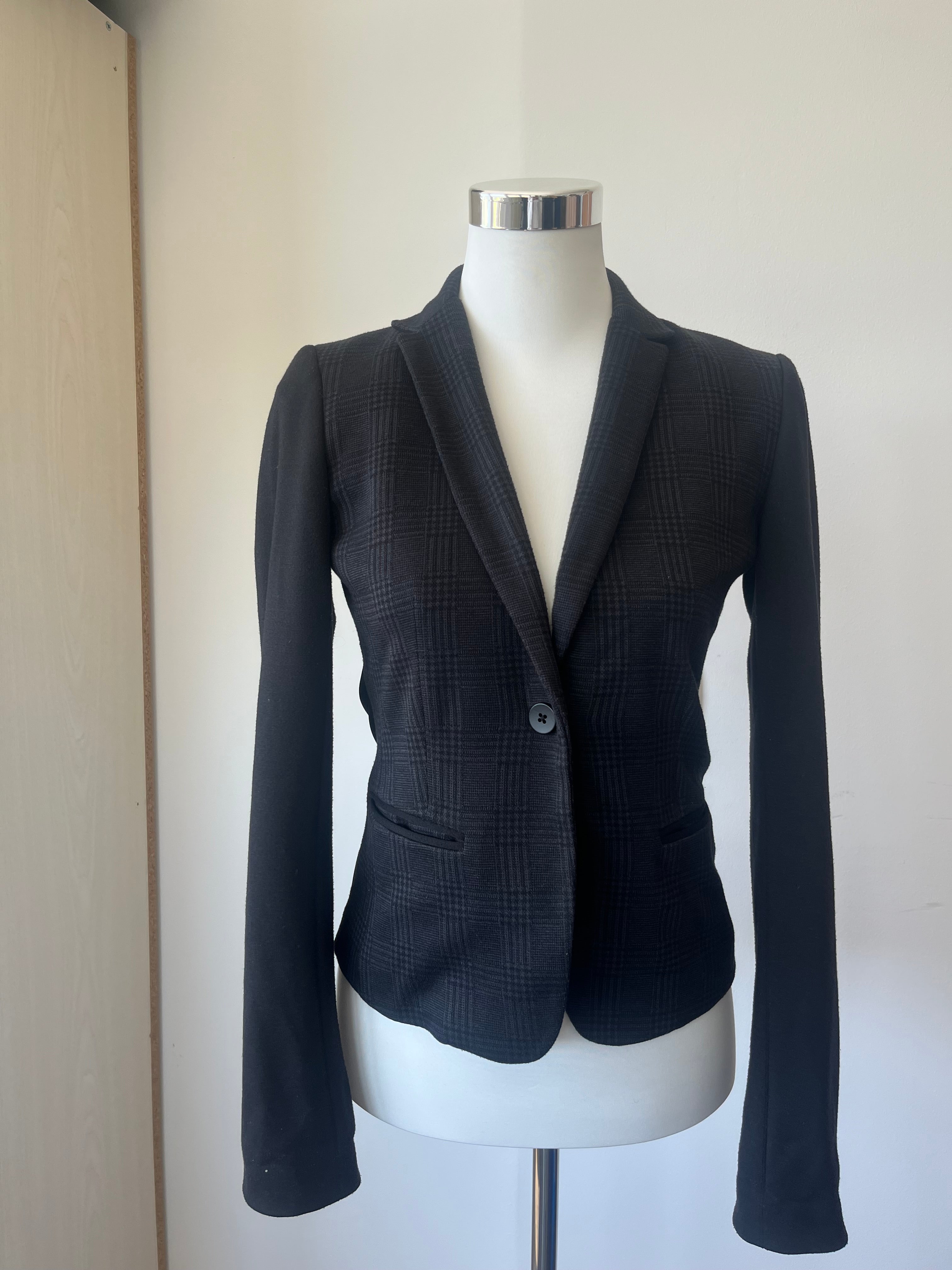 T TAHARI Damen Blazer Schwarz Kariert Ein-Knopf Größe M – Sehr Gut