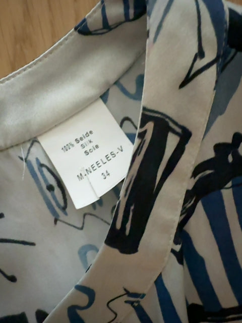 van Laack Silk Blouse Sz 34 | Graphic Print | Blue/White | 100% Silk