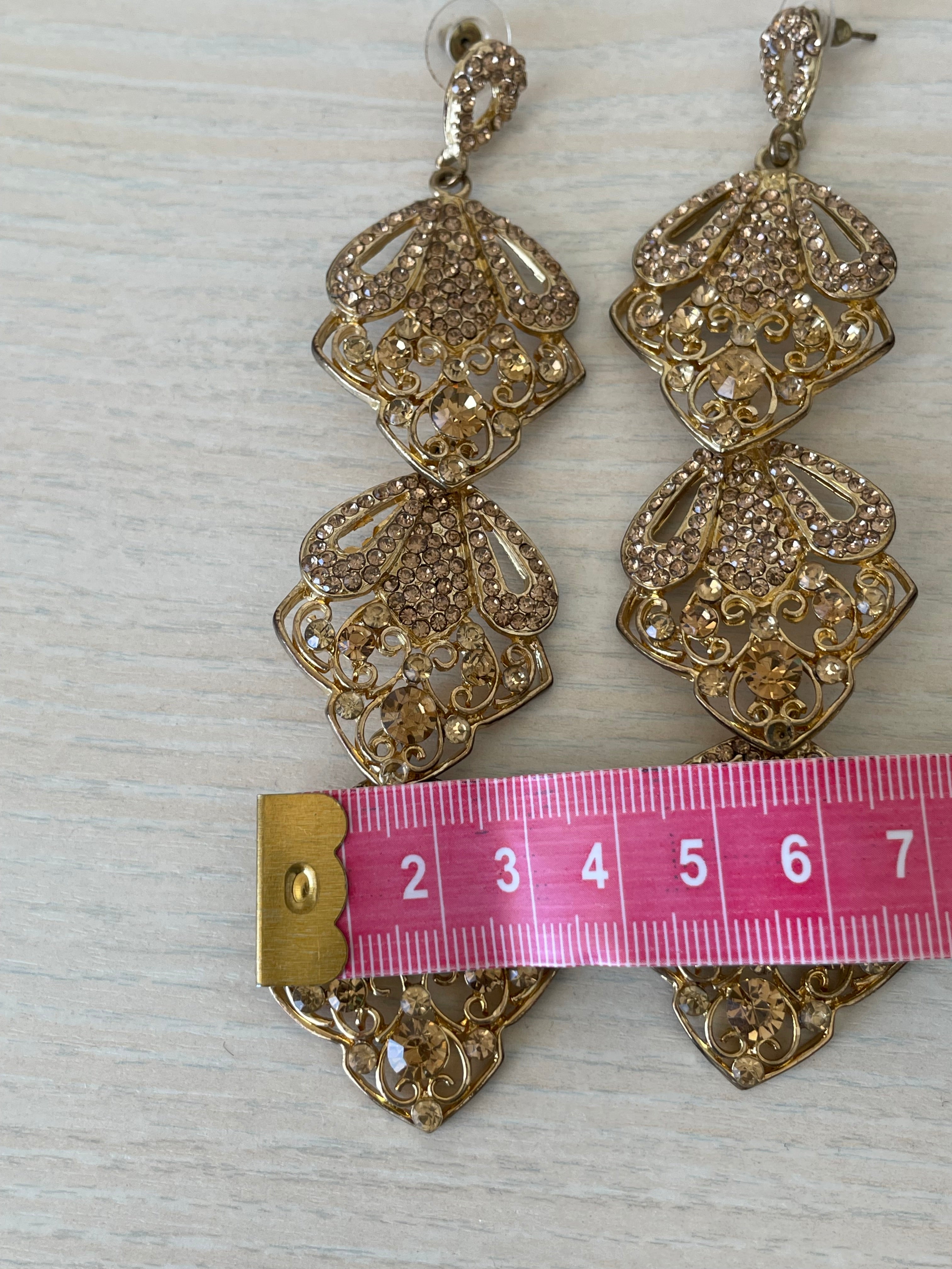 Long Filigree Earrings – Gold-Tone, 18K Plated, 7 cm Drop, Good Condition