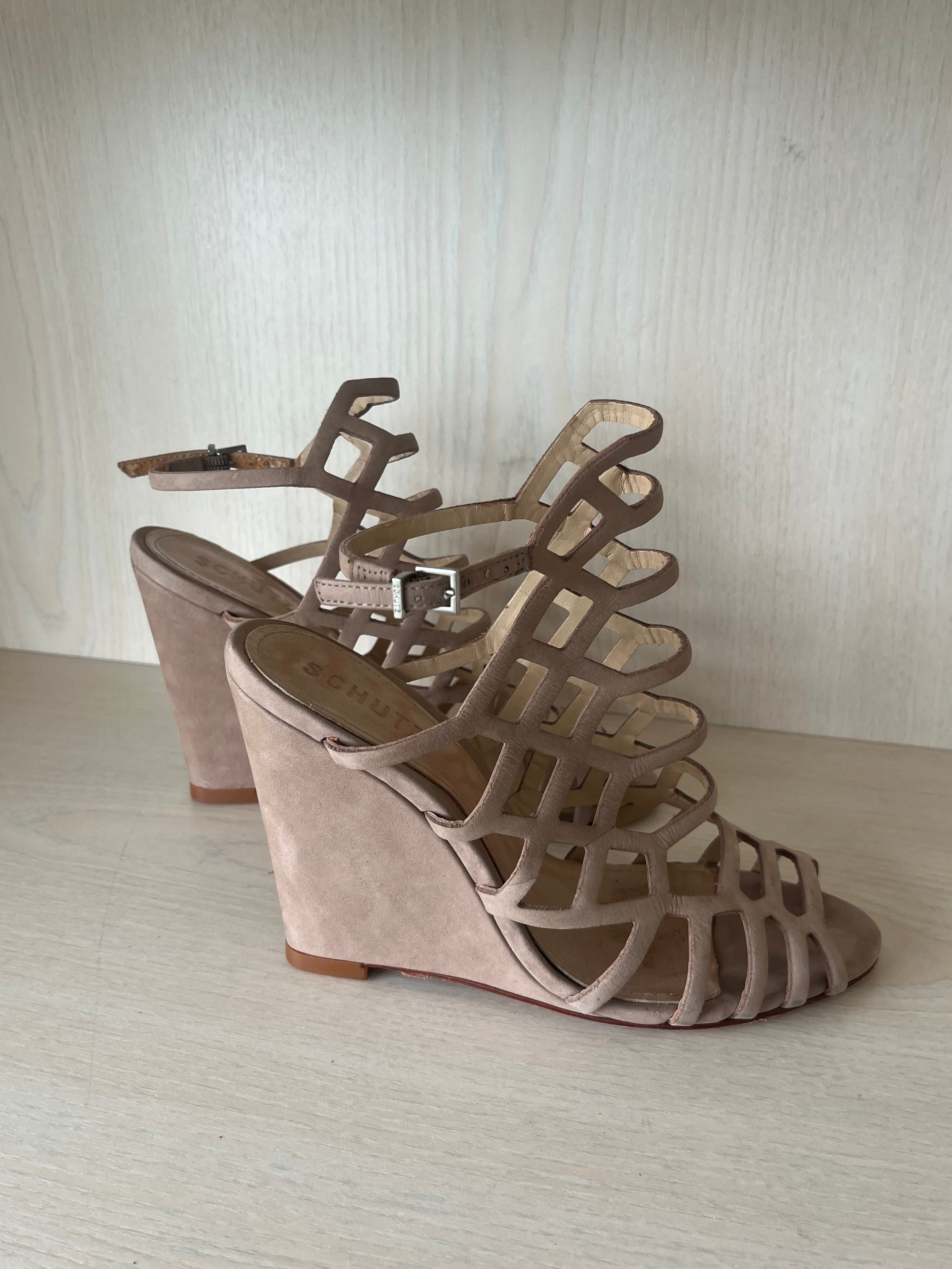 Schutz Caged Wedge Suede Sandals | Beige | EU 37 | Normal Use Condition
