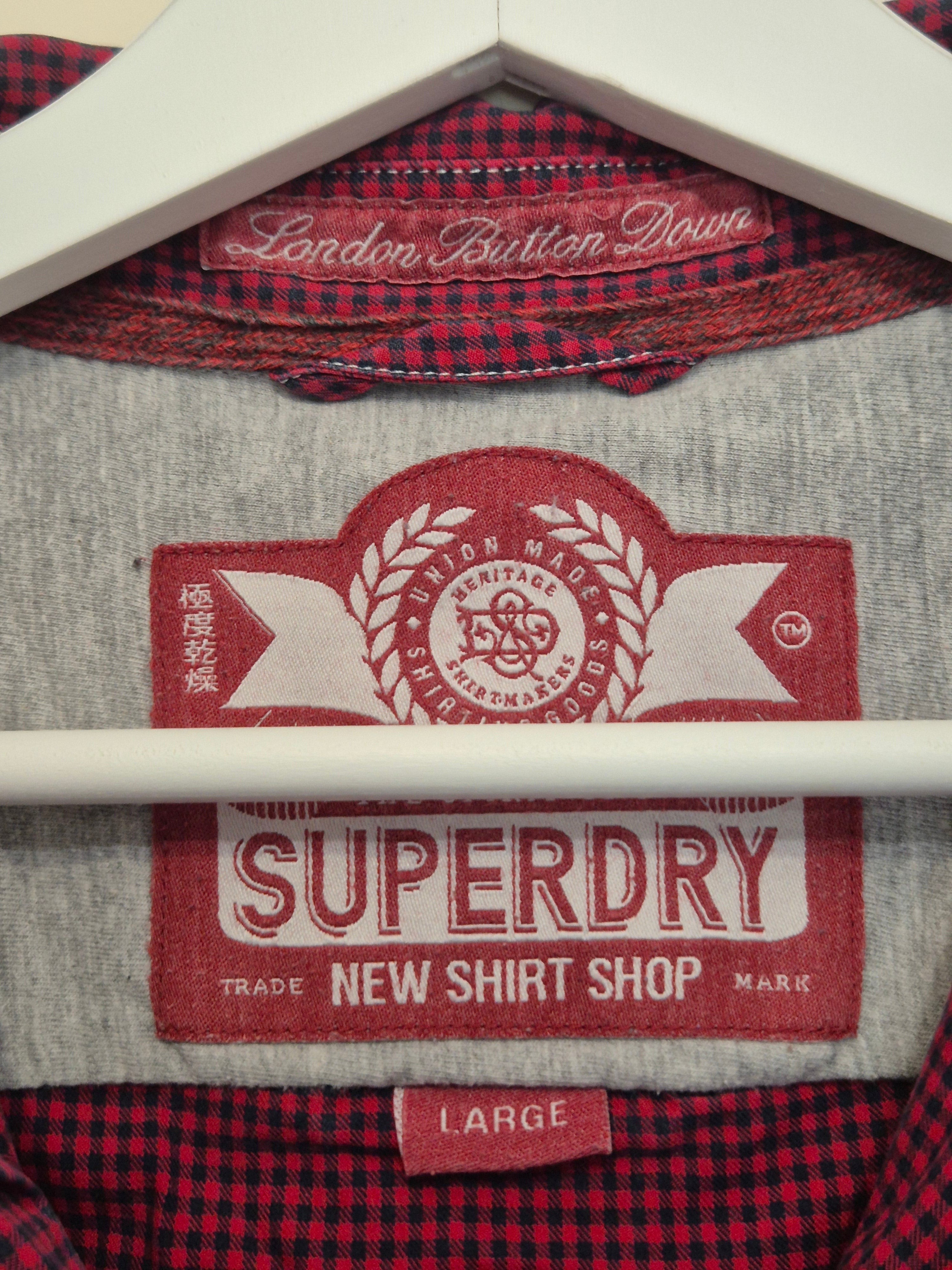 Superdry London Button Down Shirt L Red/Black Check Cotton Very Good