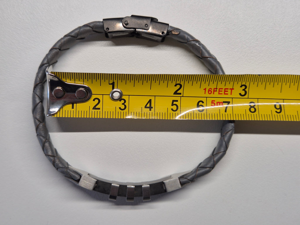 G&B Men's Leather Bracelet – Braided Gray, Stainless Steel Clasp, Good Condition