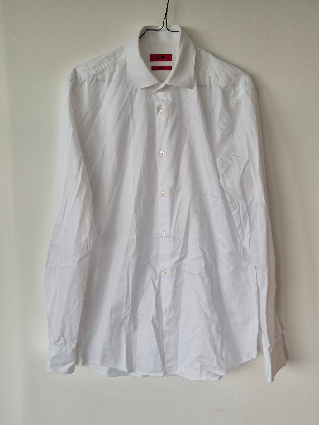 HUGO Slim Fit White Oxford Shirt, Size 39, Normal Use, Minor Collar Discoloration
