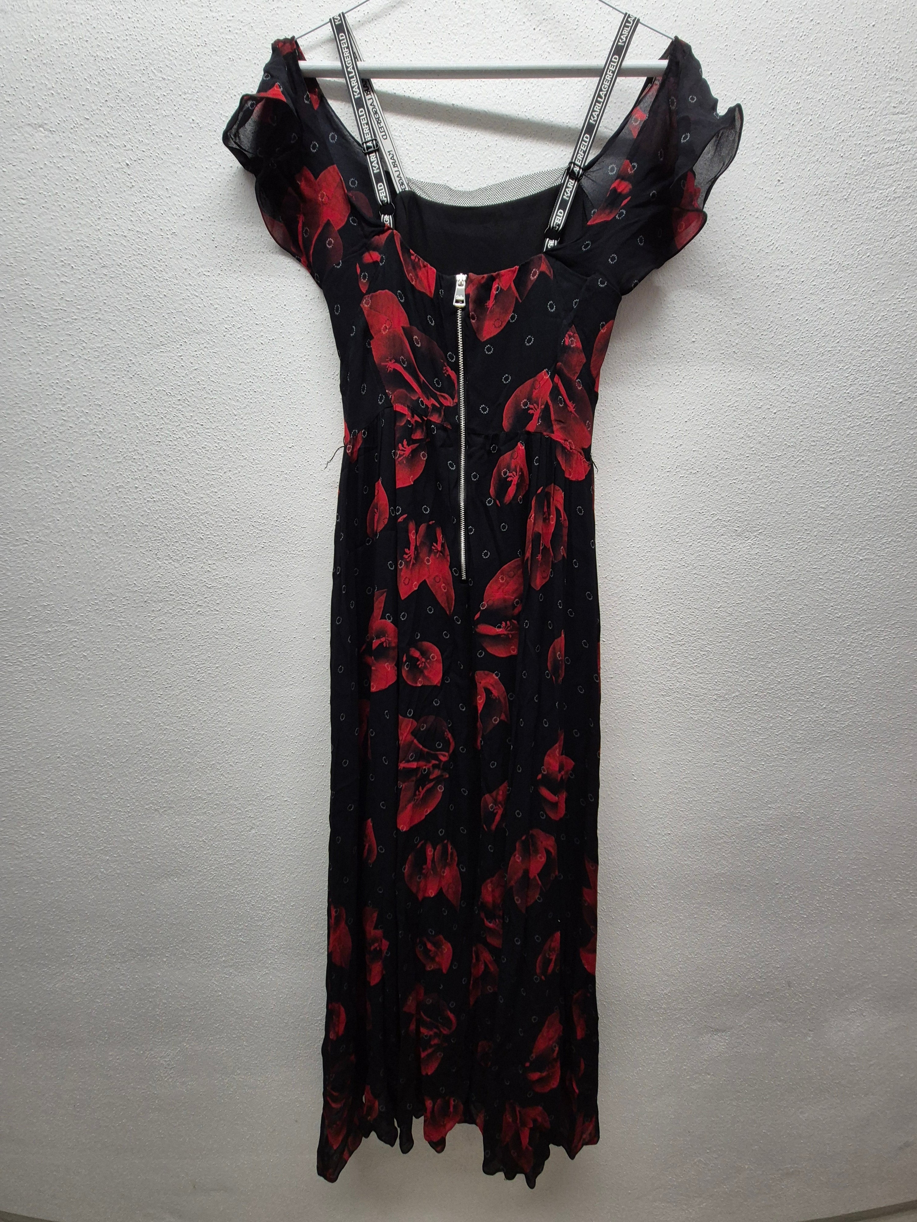 Karl Lagerfeld Plissiertes Blumen Maxikleid, XS (IT 38/FR 34), Schwarz/Rot, Sehr Gut