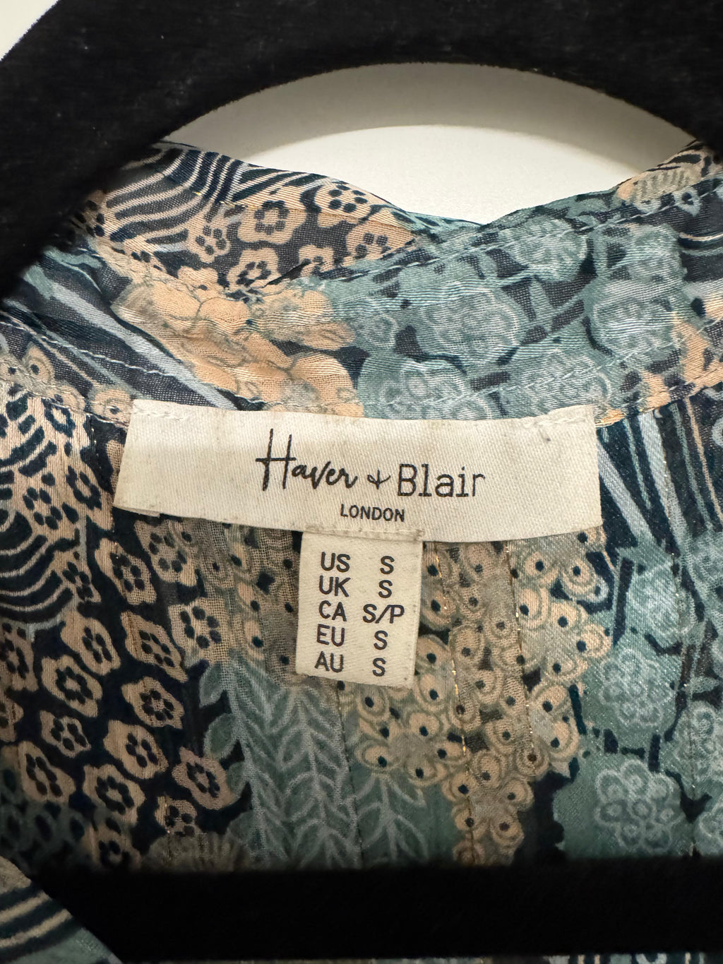 Haver & Blair Sheer Peasant Blouse – S – Blue/Beige Print – Very Good