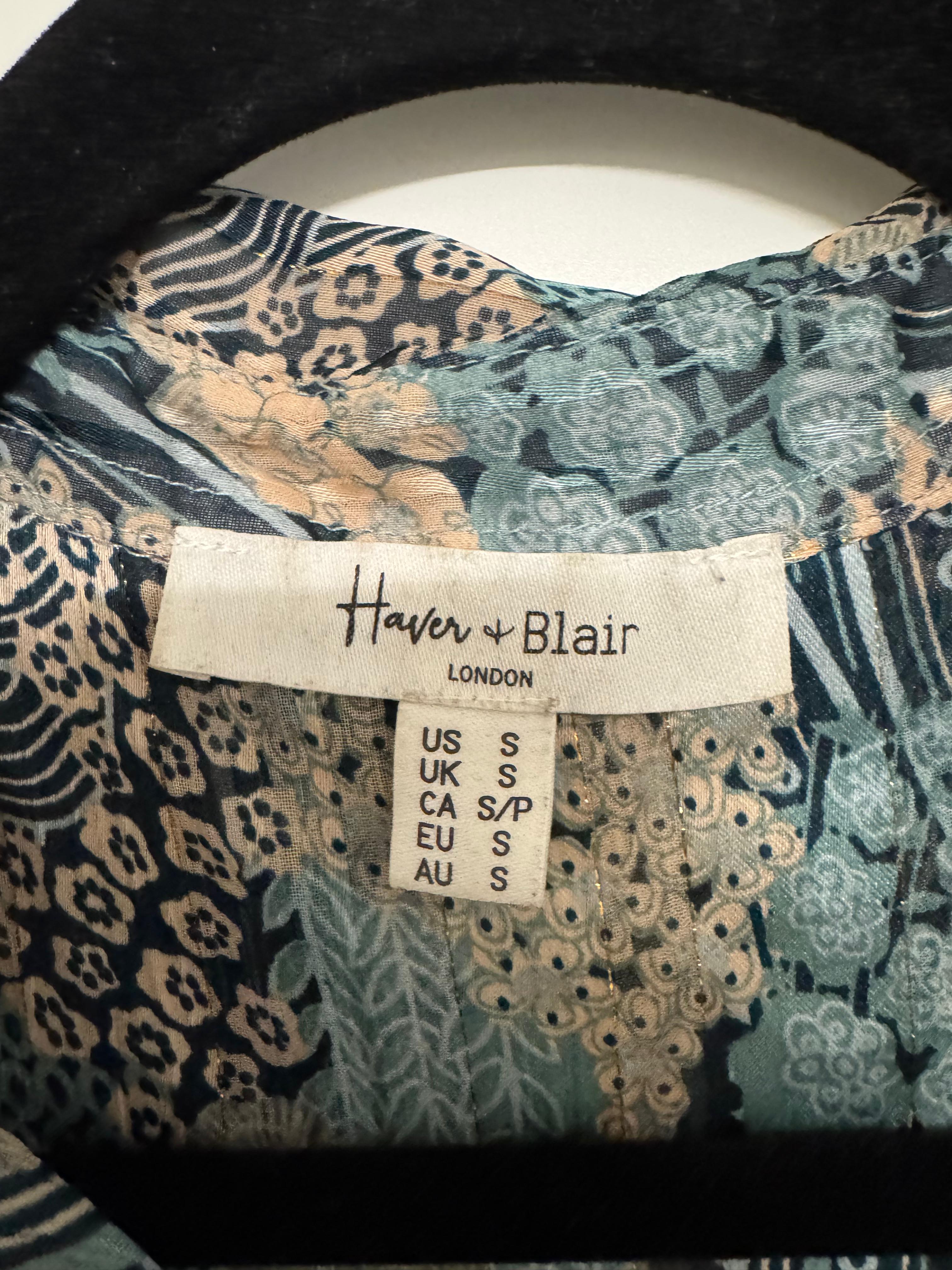Haver & Blair Sheer Peasant Blouse – S – Blue/Beige Print – Very Good