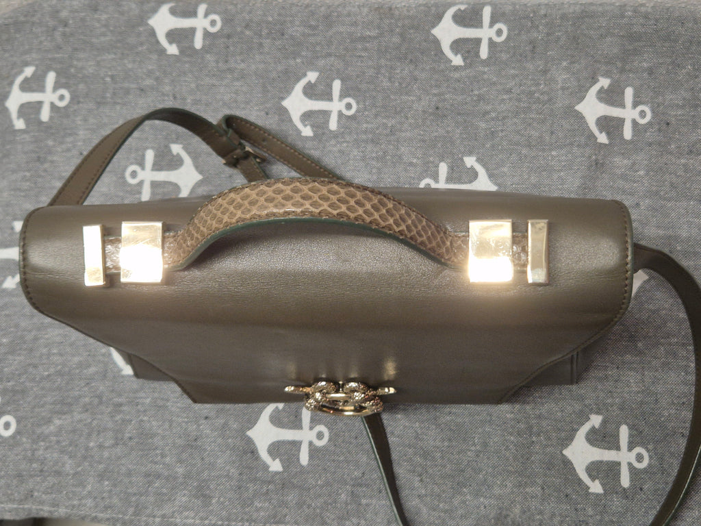 Roberto Cavalli Serpentine Bag, Olive Leather, Python Handle, Medium, Good
