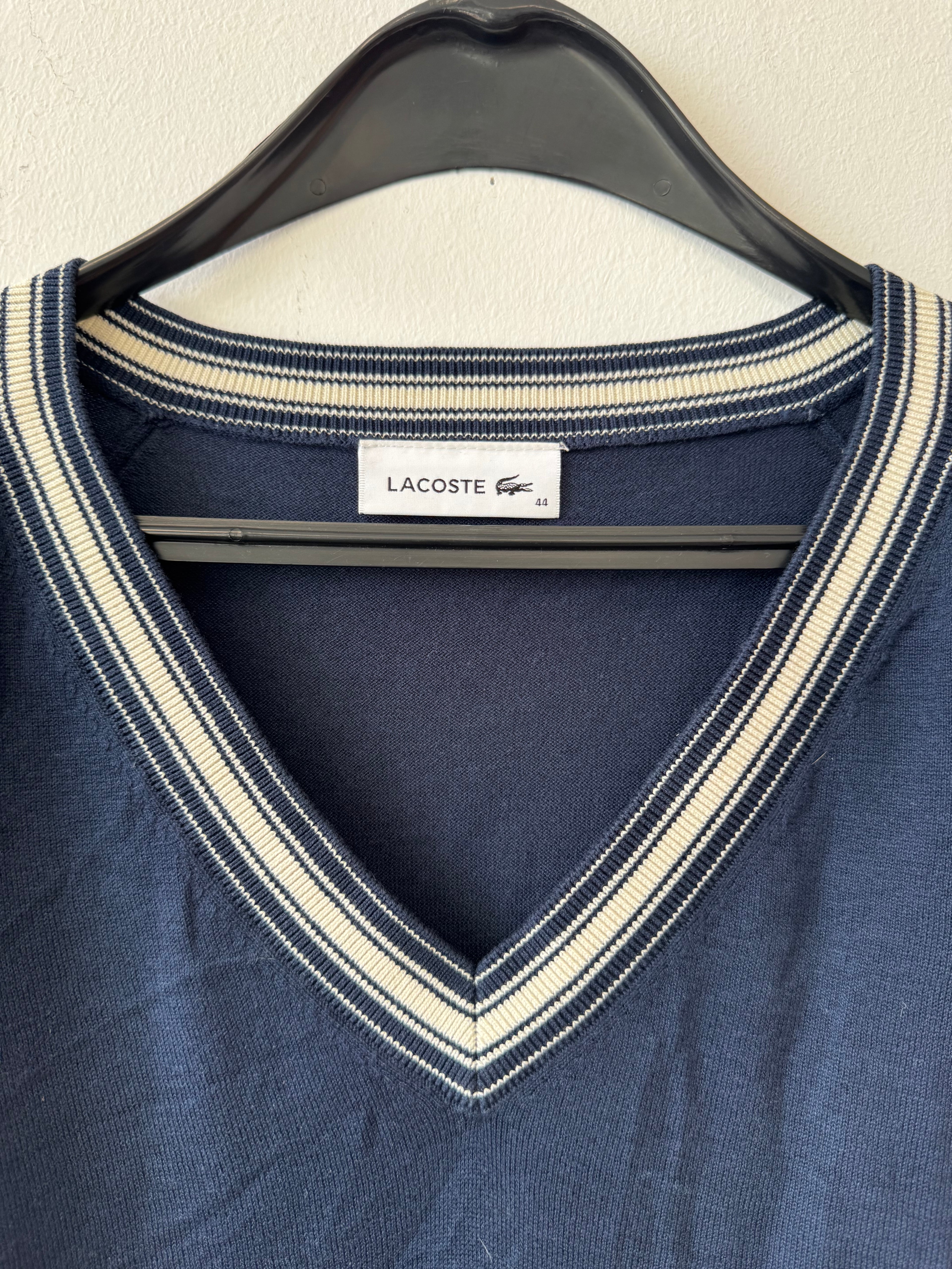 Lacoste Navy V-Neck Sweater, Size 44 (L), Stripe Trim, Good Condition