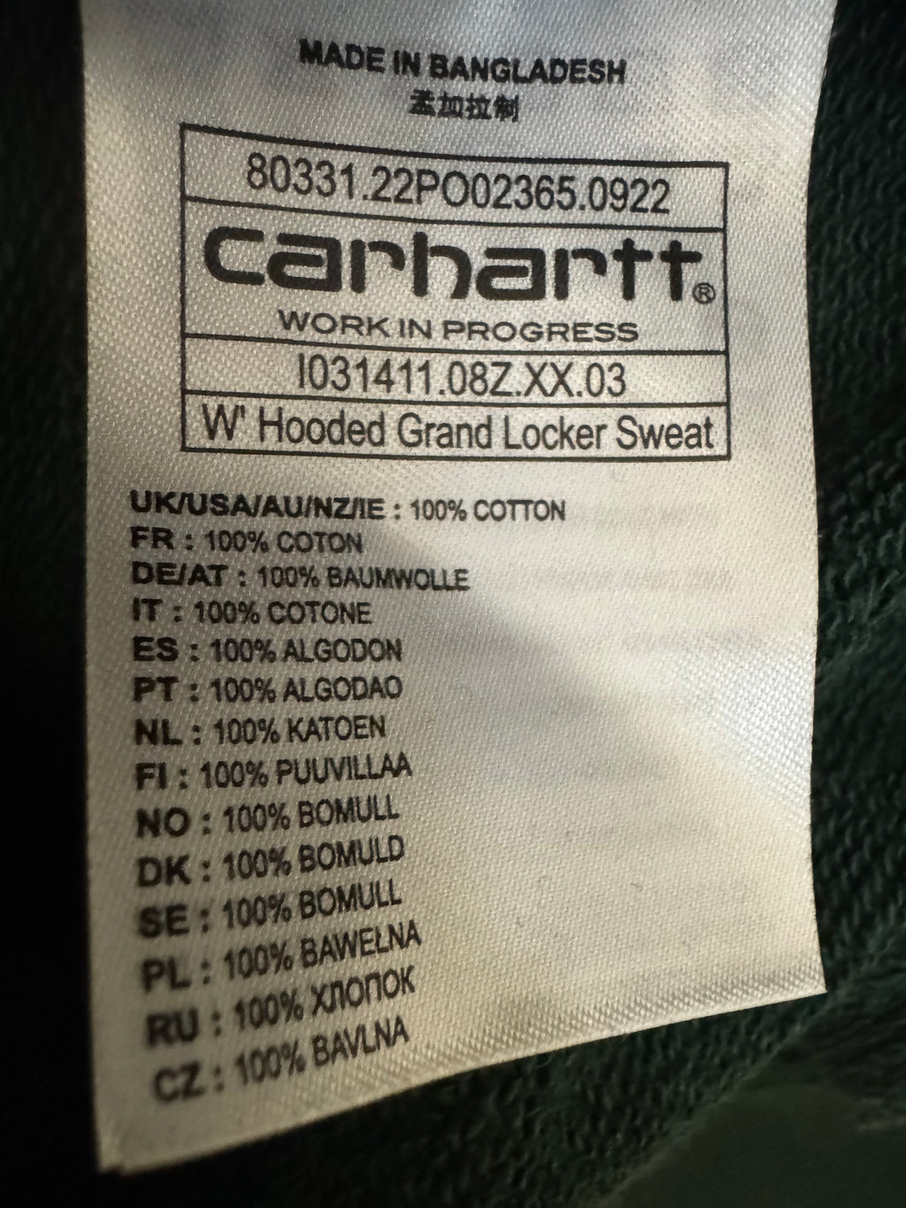 Carhartt WIP Grand Locker Hoodie, Size L, Park Green, Good Condition