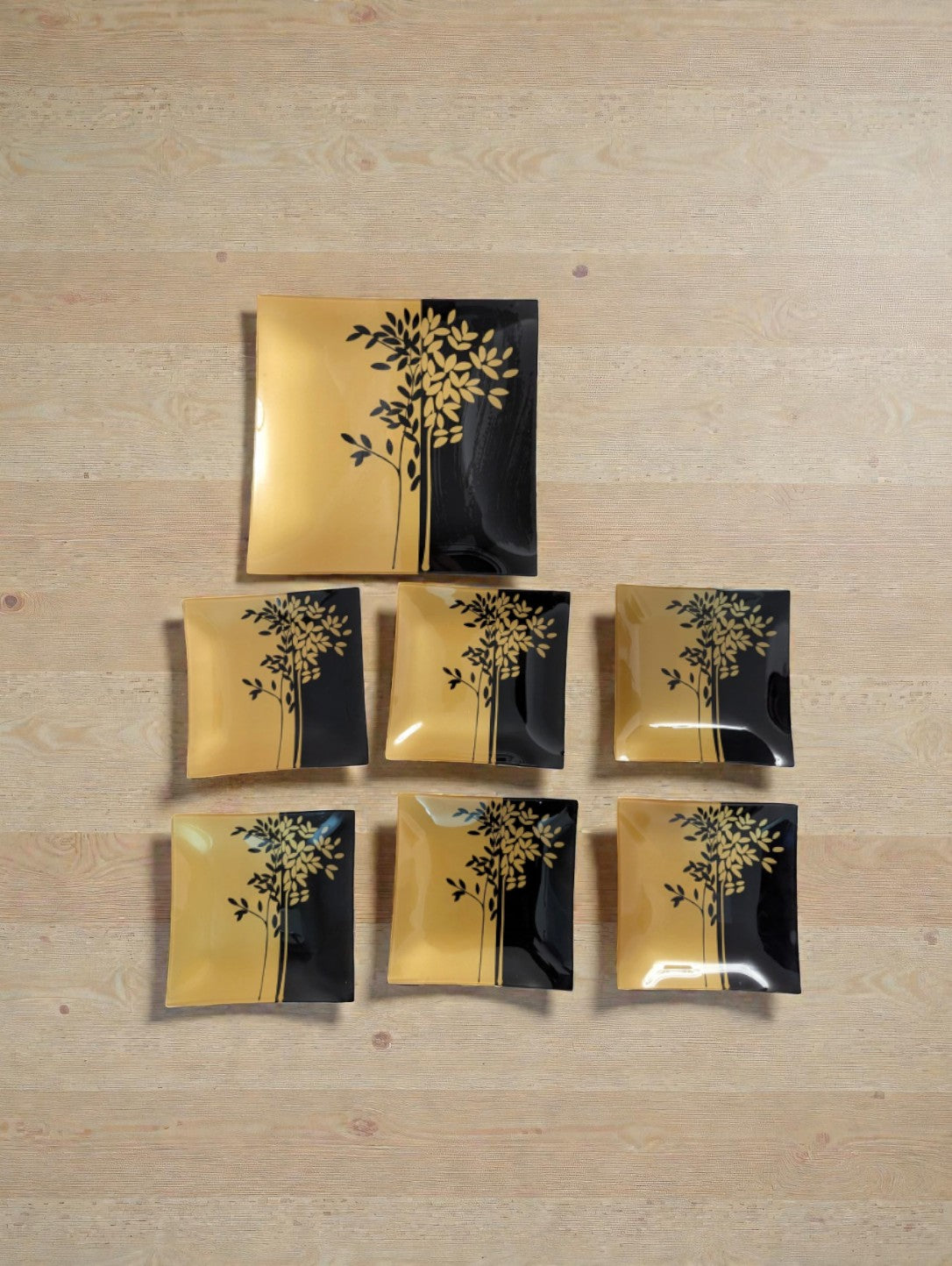 Crystal Glasplatten Set 4-tlg. Schwarz Gold, Quadrat, 30/20cm, Blattmotiv, Gut