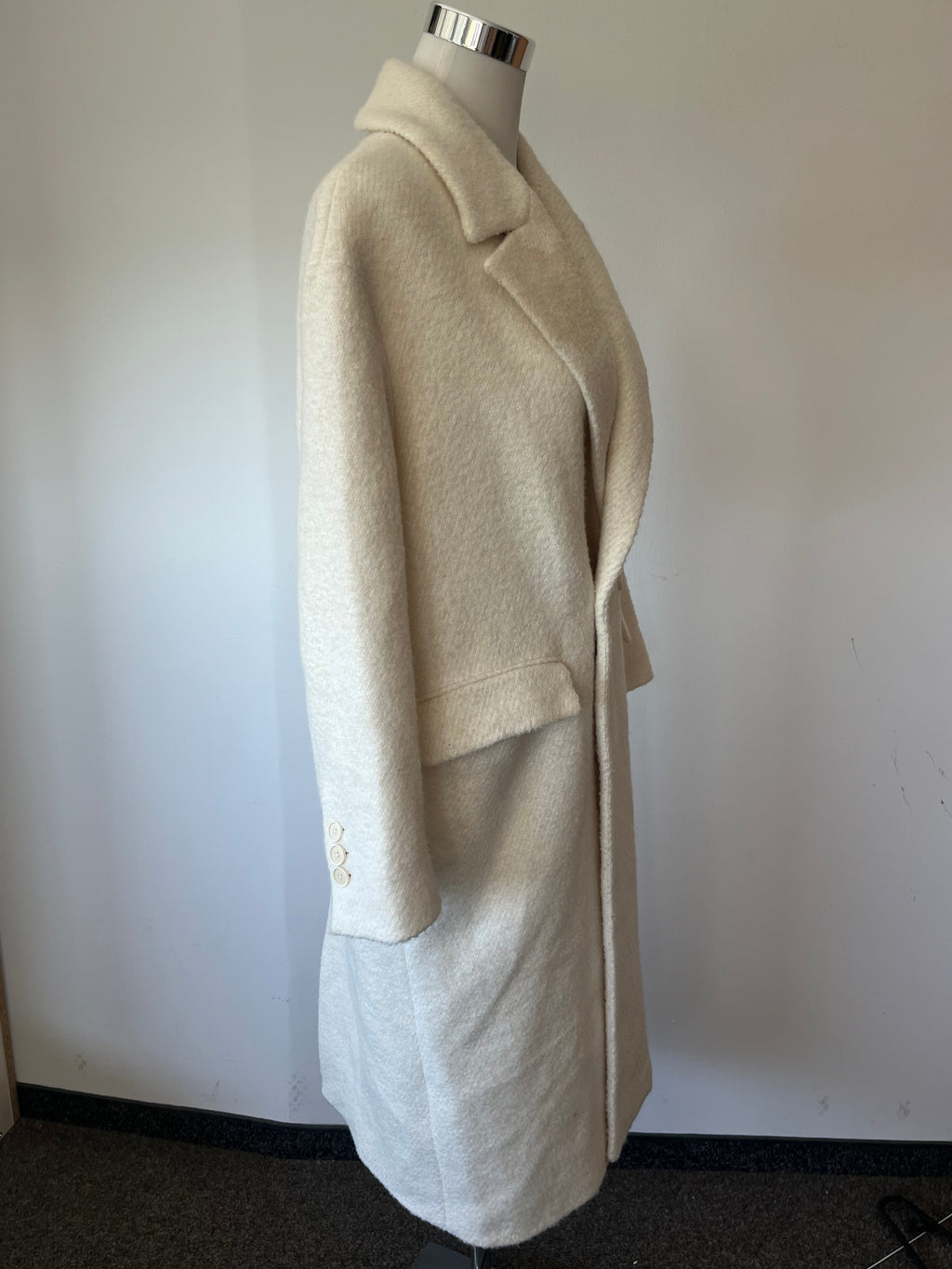 Zara Wool Blend Double-Breasted Coat, Ecru White, Size M, Poor Condition