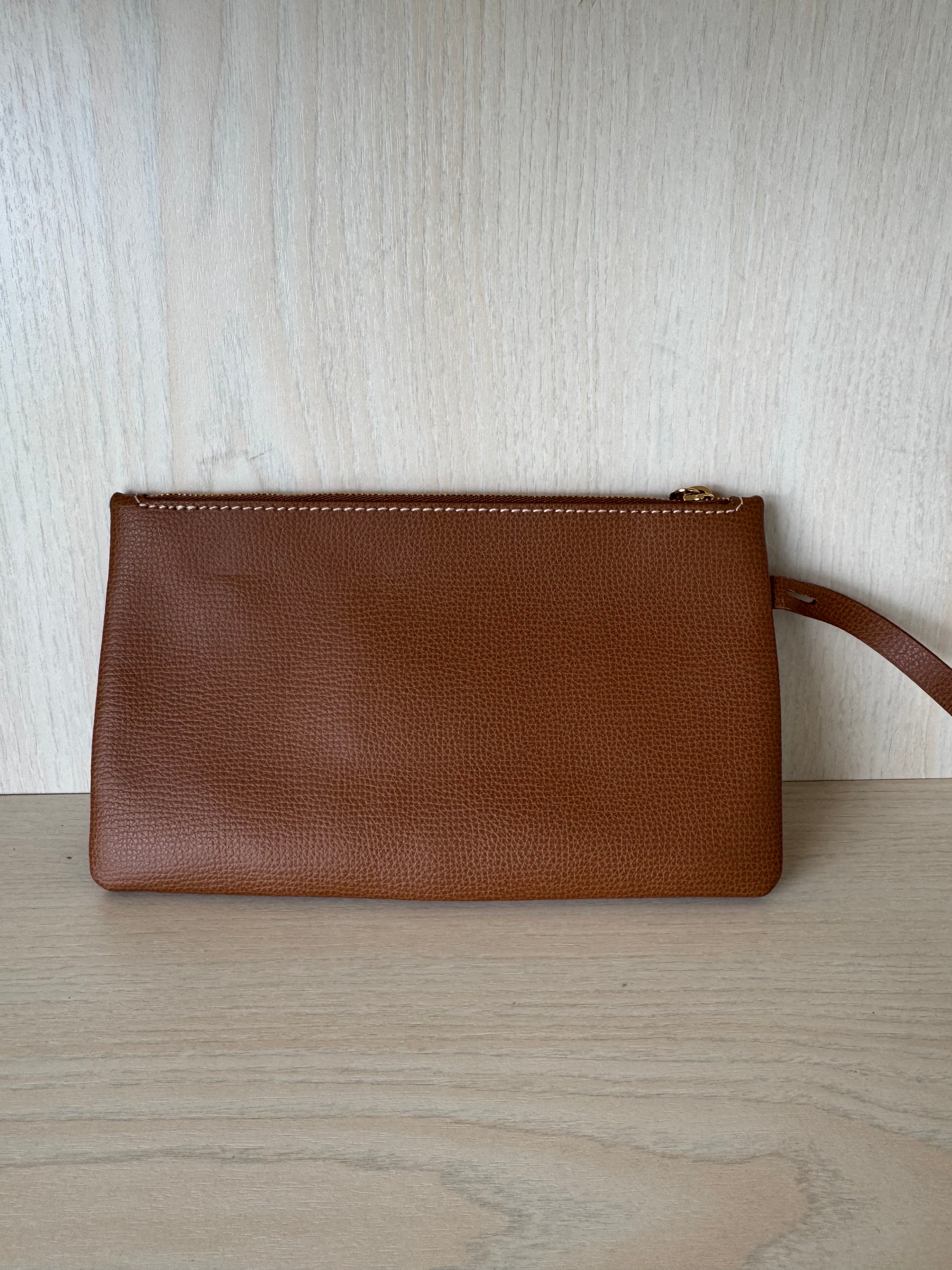 Polène Paris Zip Wallet Pouch, genarbtes Kalbsleder, cognac, guter Zustand