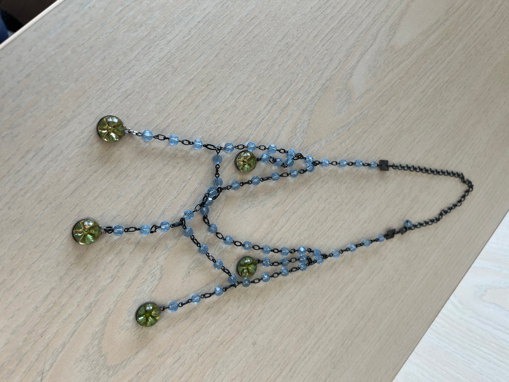 Konplott Vintage Floral Glass-Bead Drop Necklace, Adjustable, Blue/Green, Very Good