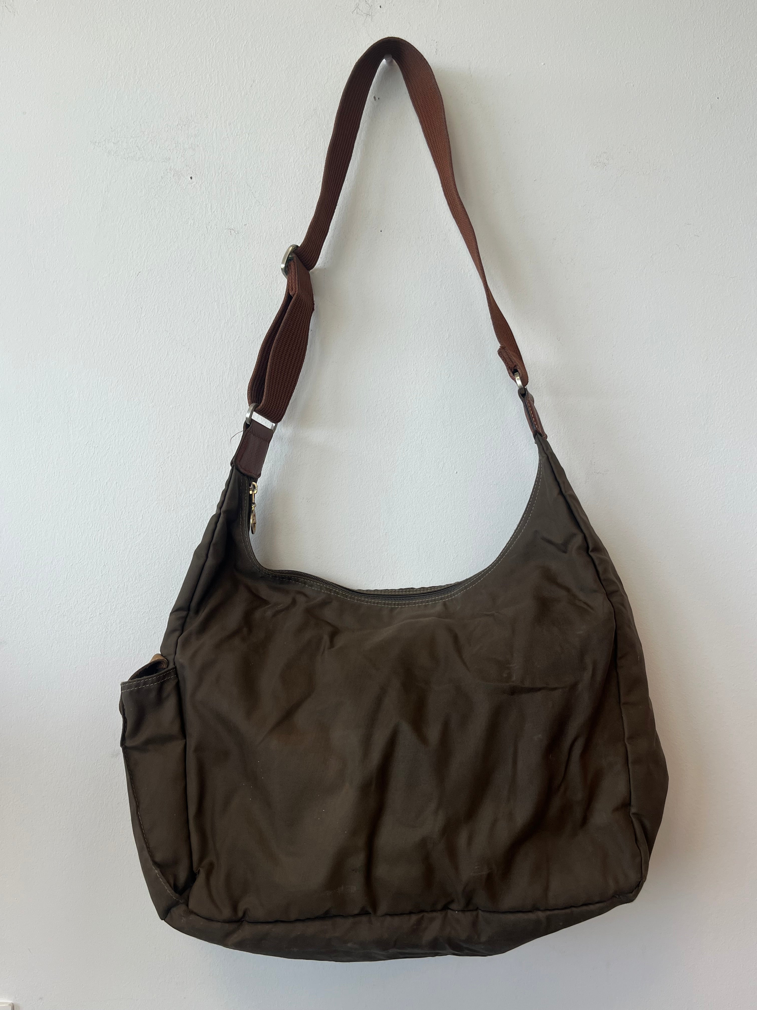 Longchamp Le Pliage Hobo/Crossbody, Medium, Nylon, Khaki/Cognac, Used Condition