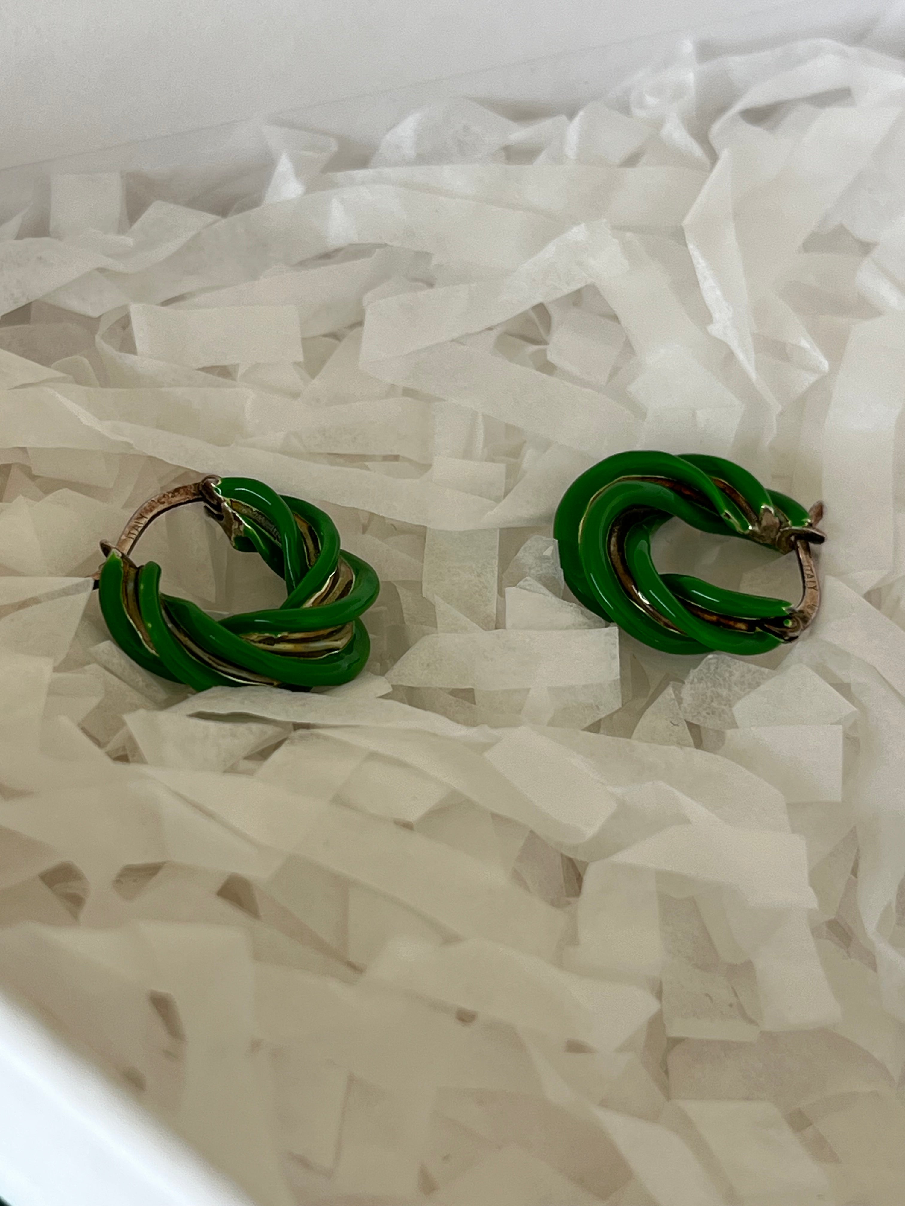 Bottega Veneta Twisted Hoop Ohrringe, Parakeet Grün, 925 Silber, Sehr Gut