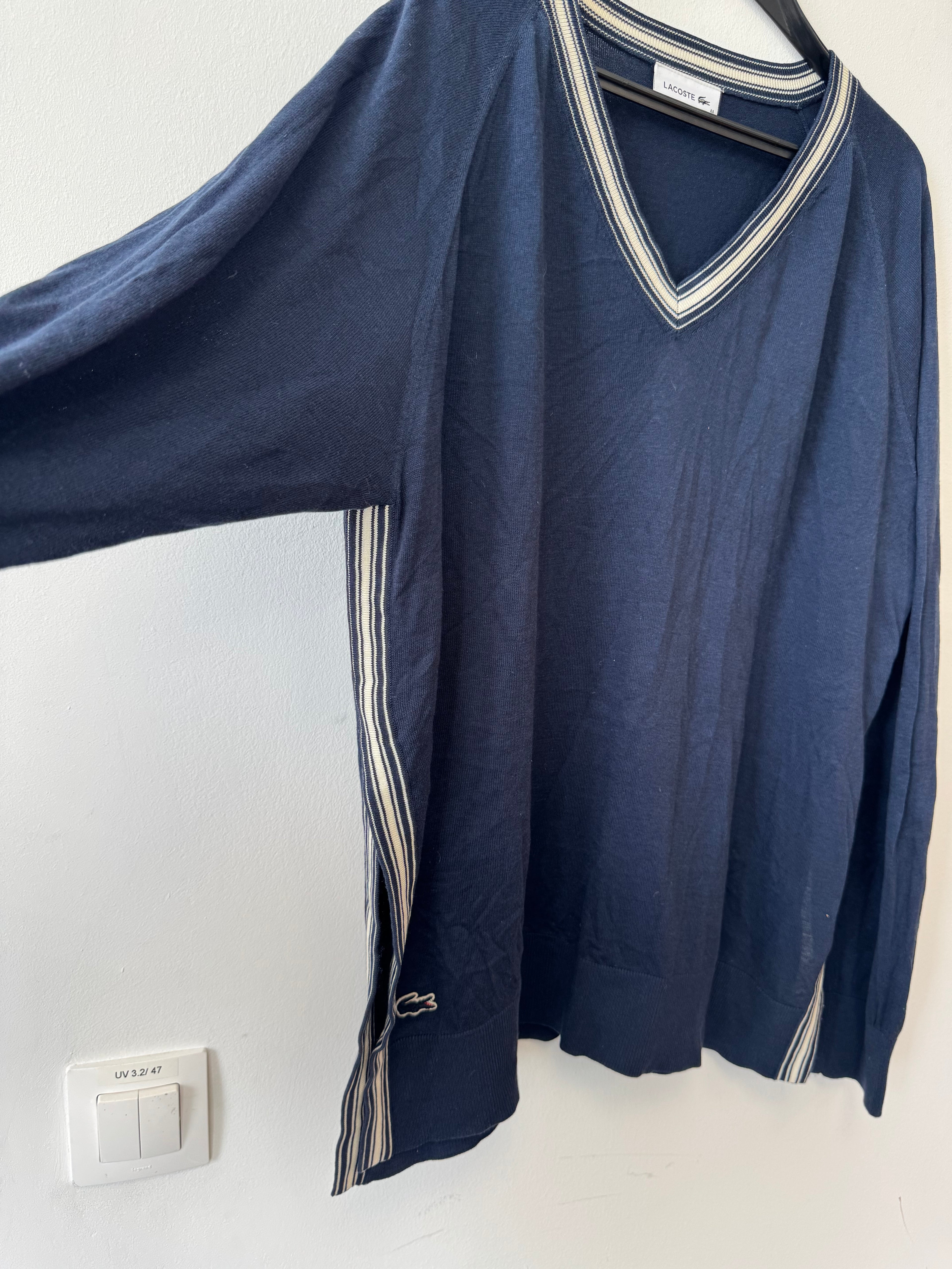 Lacoste Navy V-Neck Sweater, Size 44 (L), Stripe Trim, Good Condition