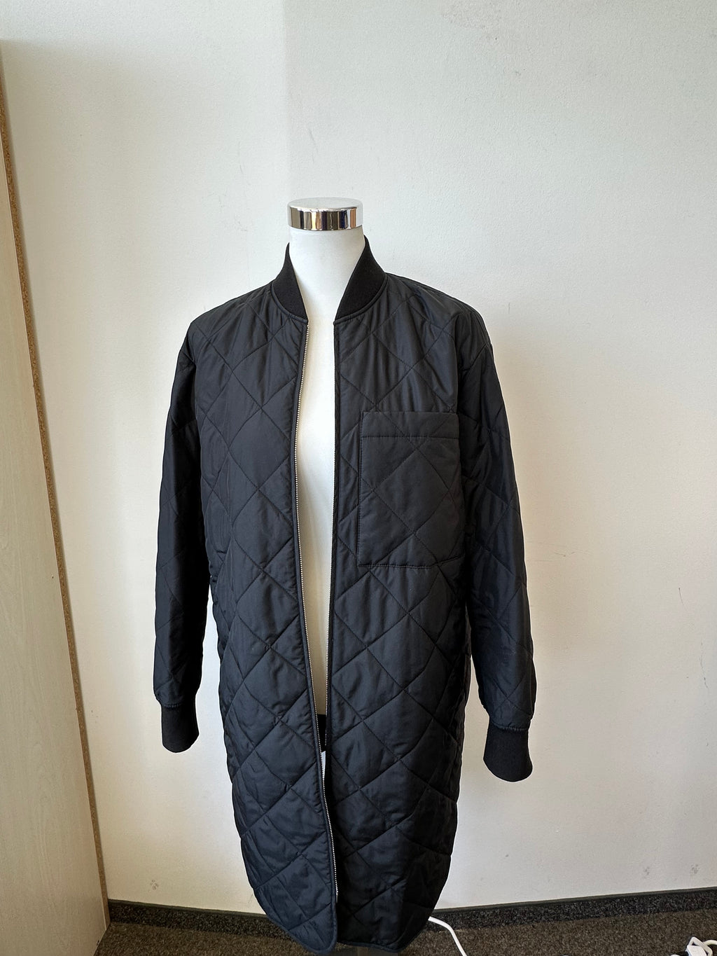 ARKET Long Quilted Bomber Coat, Black, Size 36, Very Good Condition