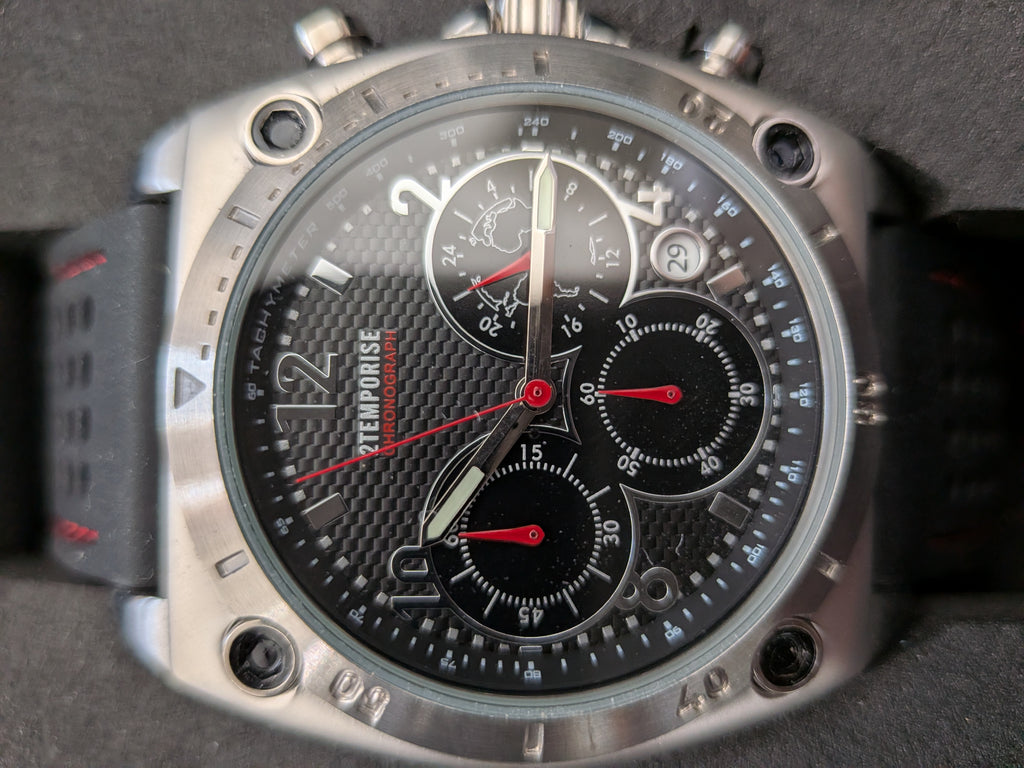 2Temporise Chronograph 47mm Edelstahl Quarz Uhr mit Box, sehr guter Zustand