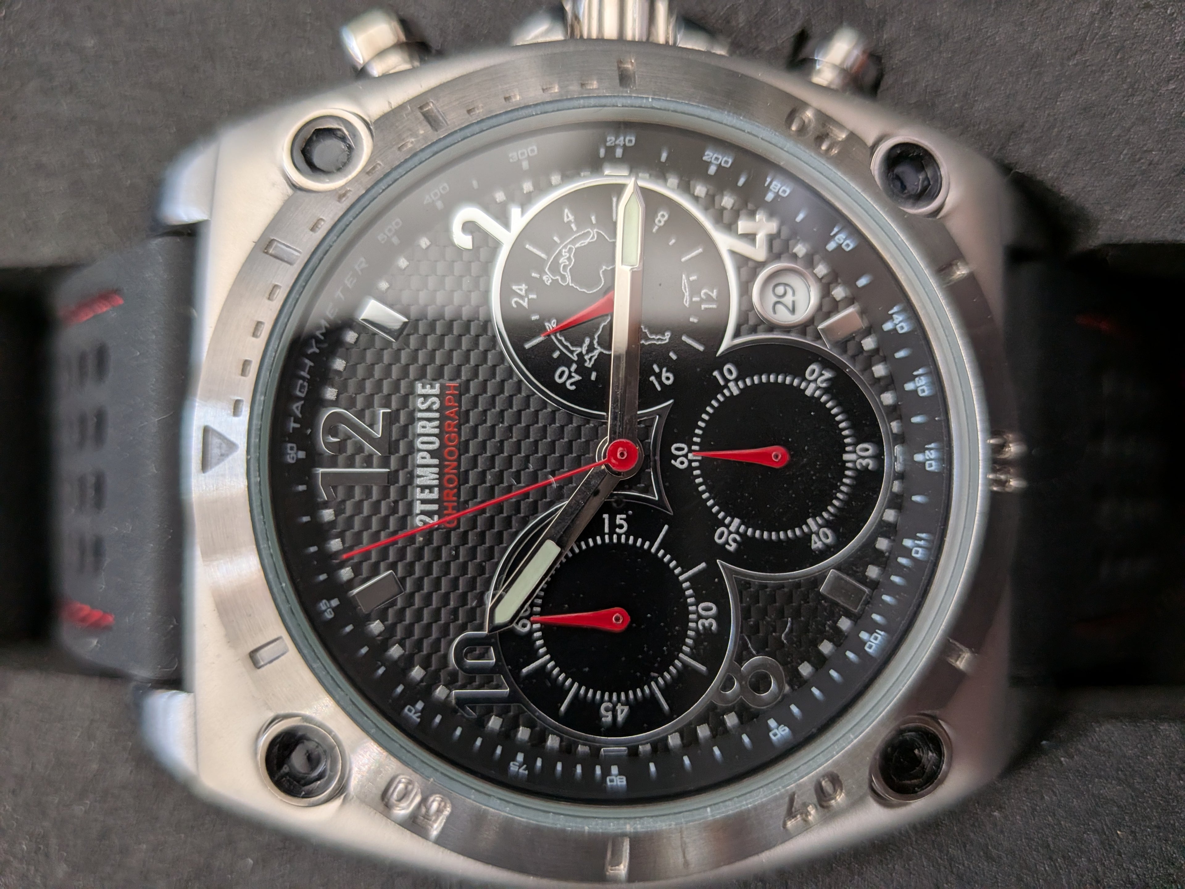 2Temporise Chronograph 47mm Edelstahl Quarz Uhr mit Box, sehr guter Zustand