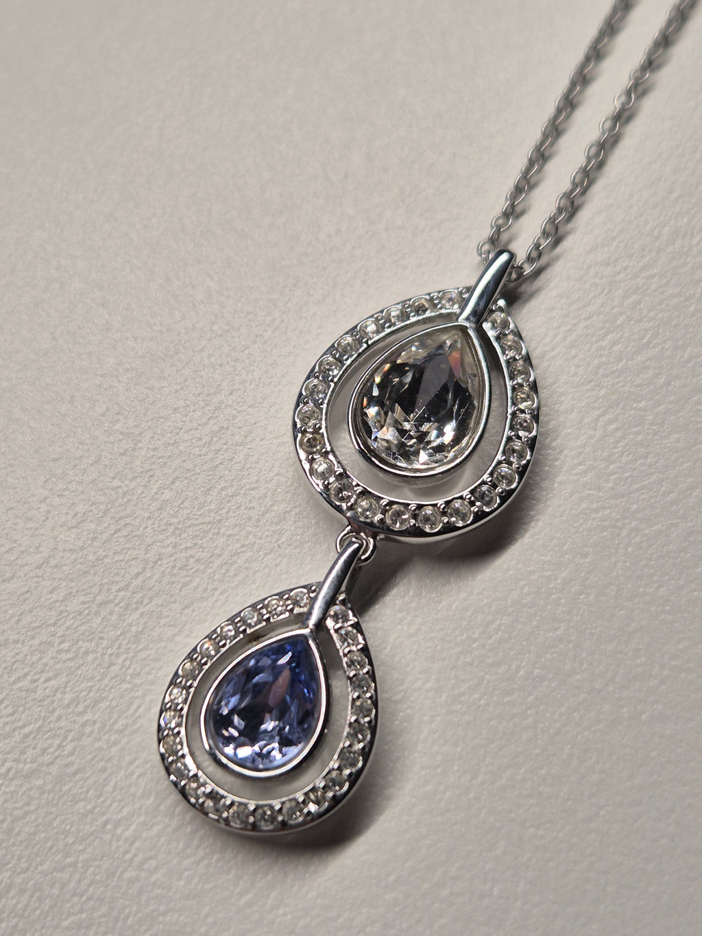 Swarovski Double Teardrop Necklace | Silver Tone, Purple & Aqua Crystals | Very Good
