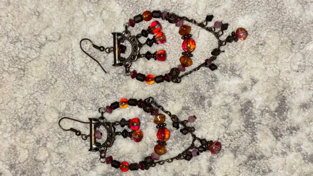 Boho Chandelier Earrings, Bronze, Ruby Red & Orange Glass Beads, 5cm, Good