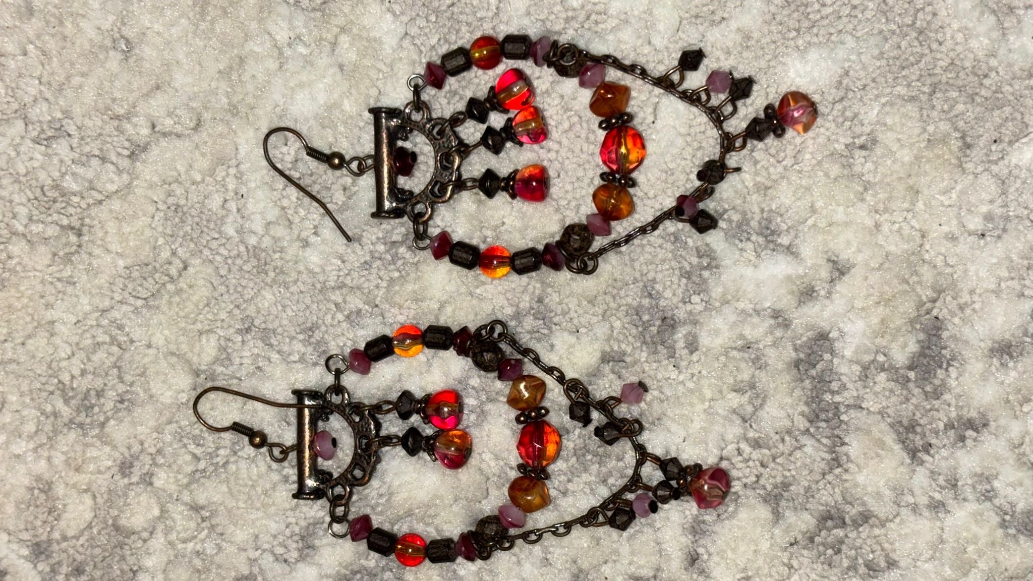 Boho Chandelier Earrings, Bronze, Ruby Red & Orange Glass Beads, 5cm, Good