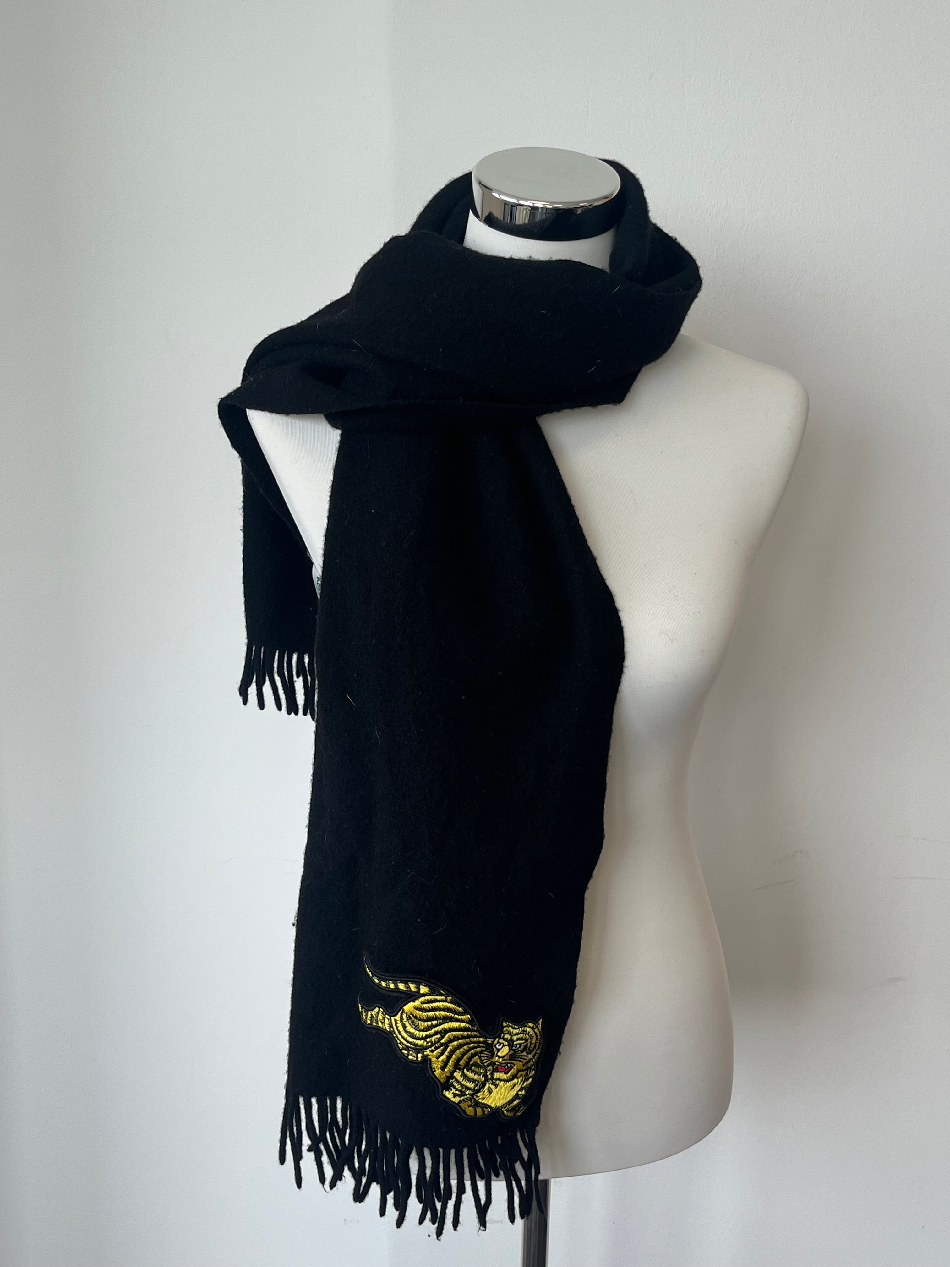 Kenzo Tiger Embroidery Wool Scarf – Black, 180x30cm, Good Condition
