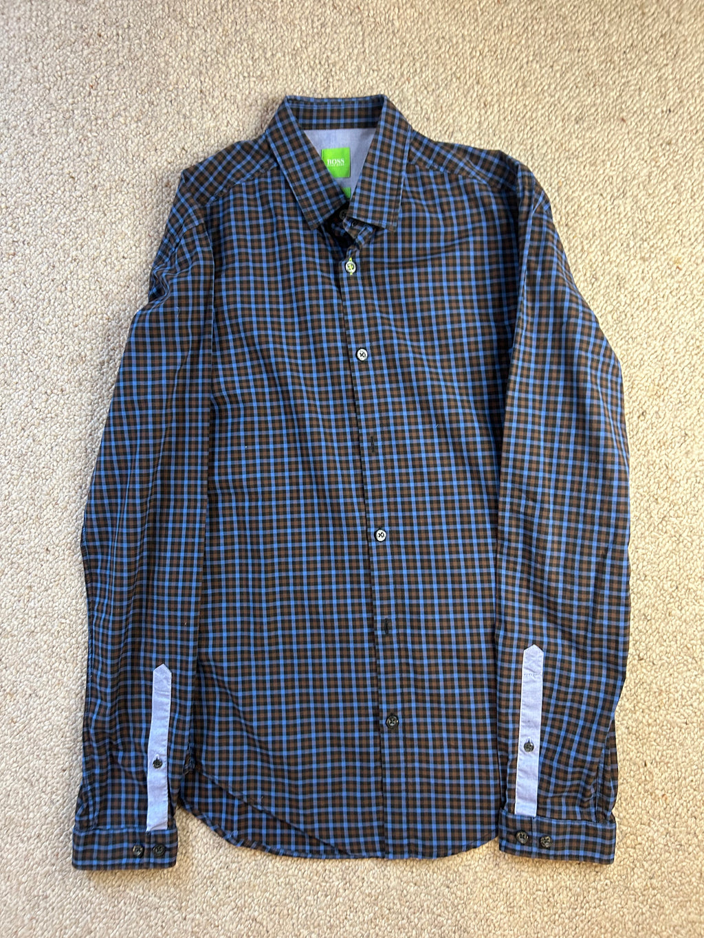 BOSS Green men's plaid shirt S brown/blue, very good condition
