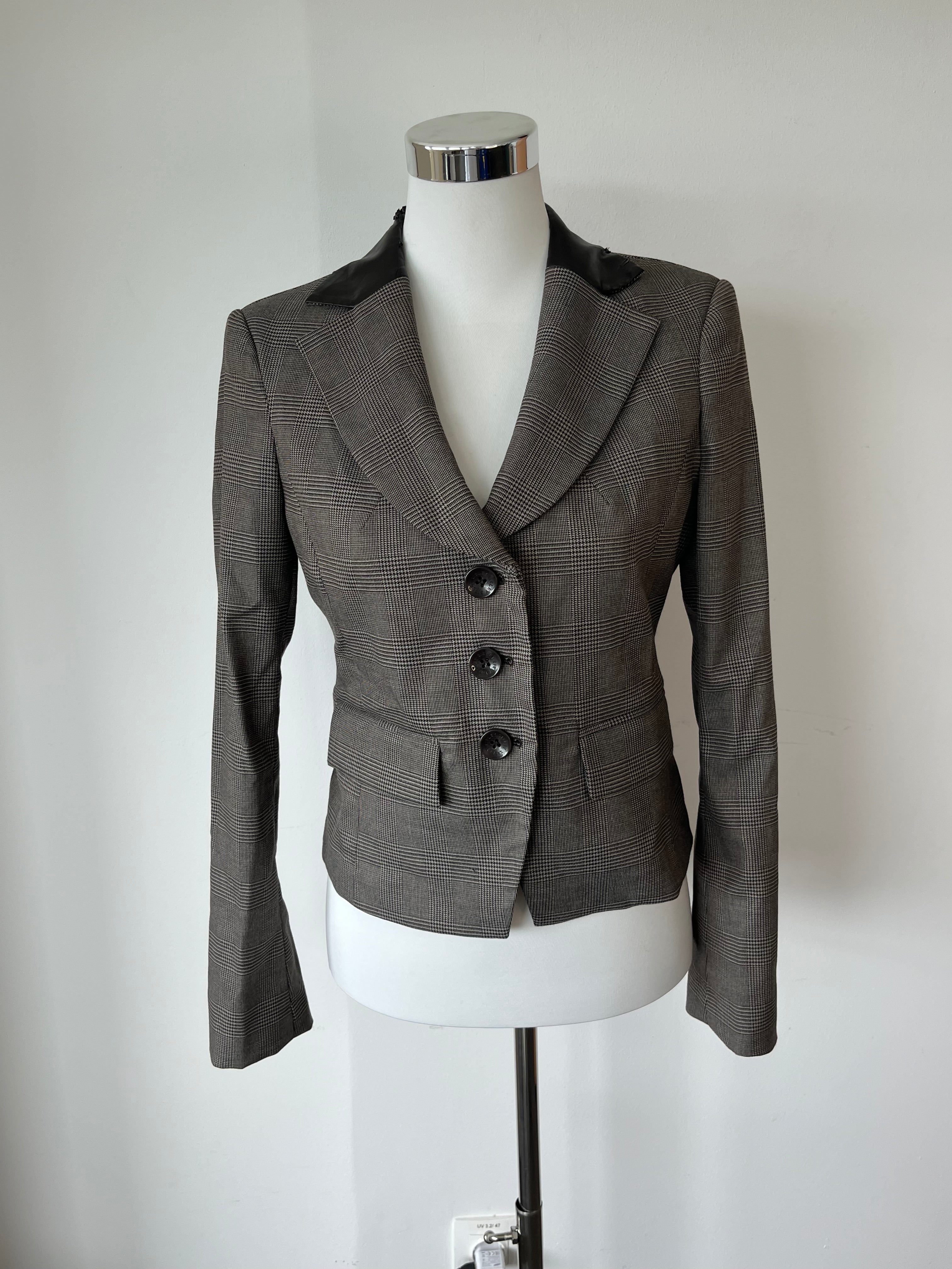 Sisley Blazer IT42 – Glencheck & Kunstleder, Zustand: Mangelhaft, Grau/Schwarz